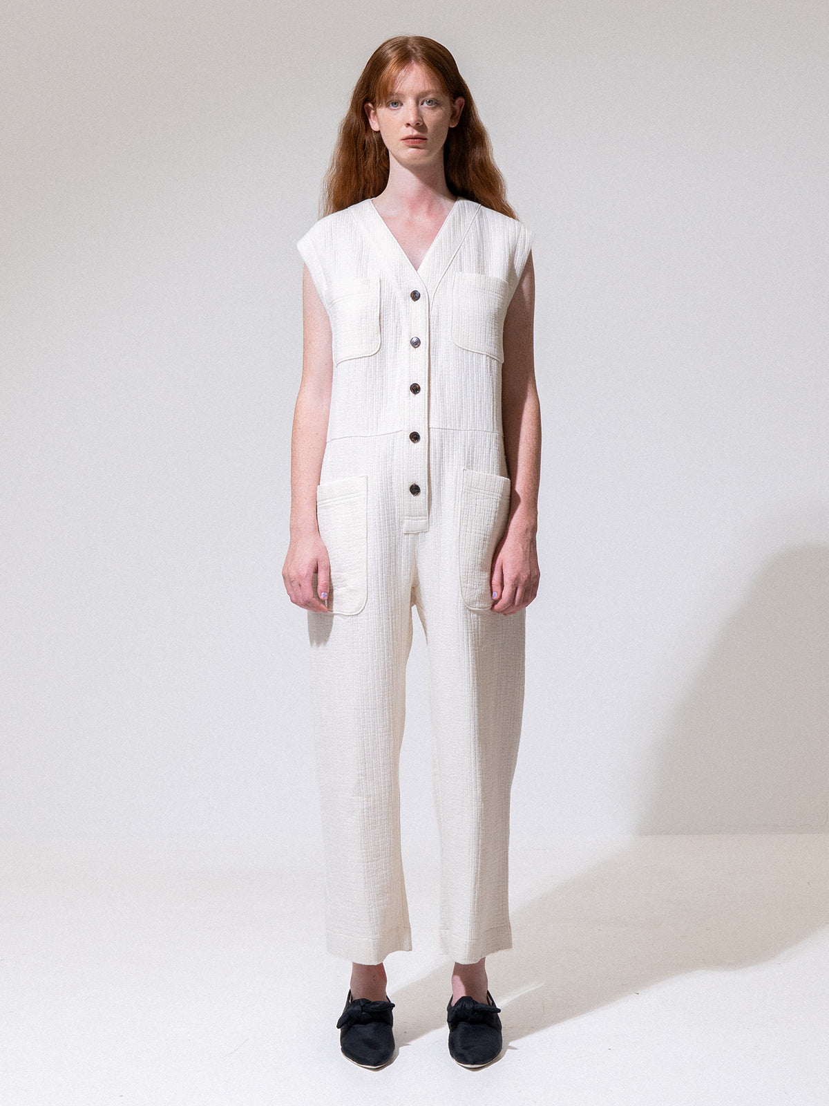 Cream Sleeveless Button-Up Jumpsuit
