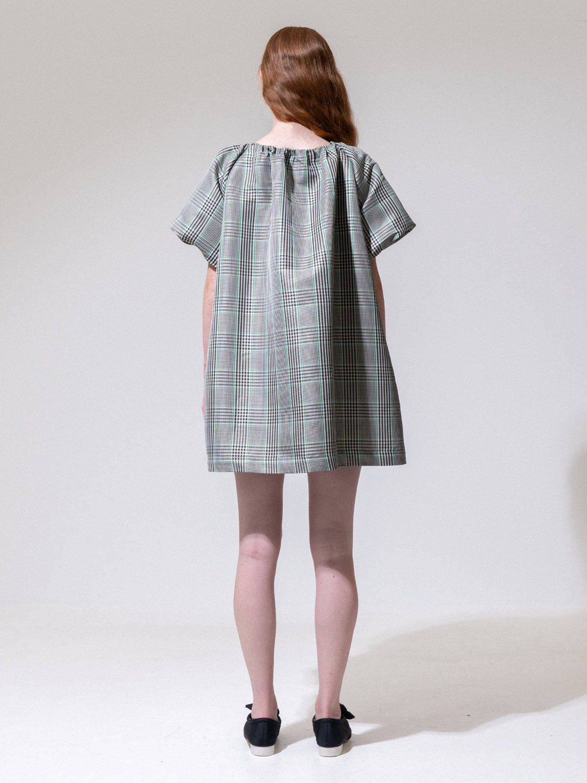 Green-Check Puff Sleeve Mini Dress