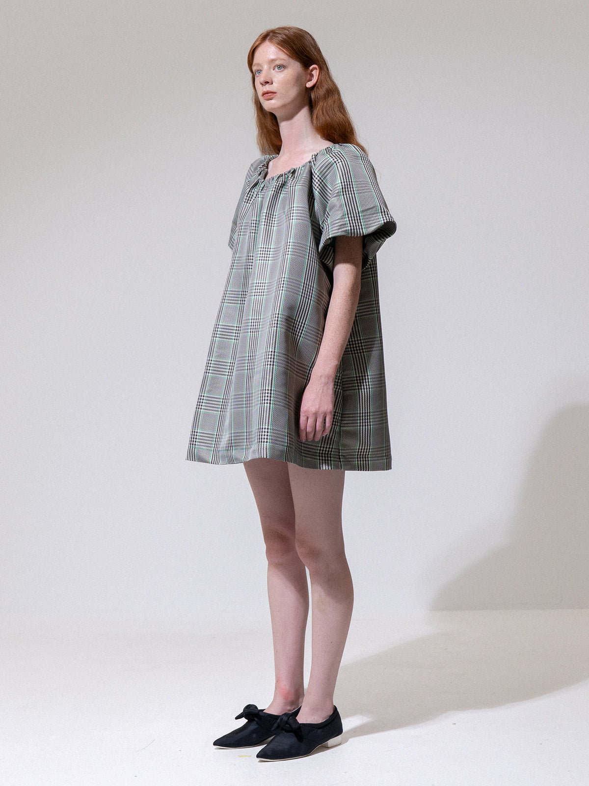 Green-Check Puff Sleeve Mini Dress