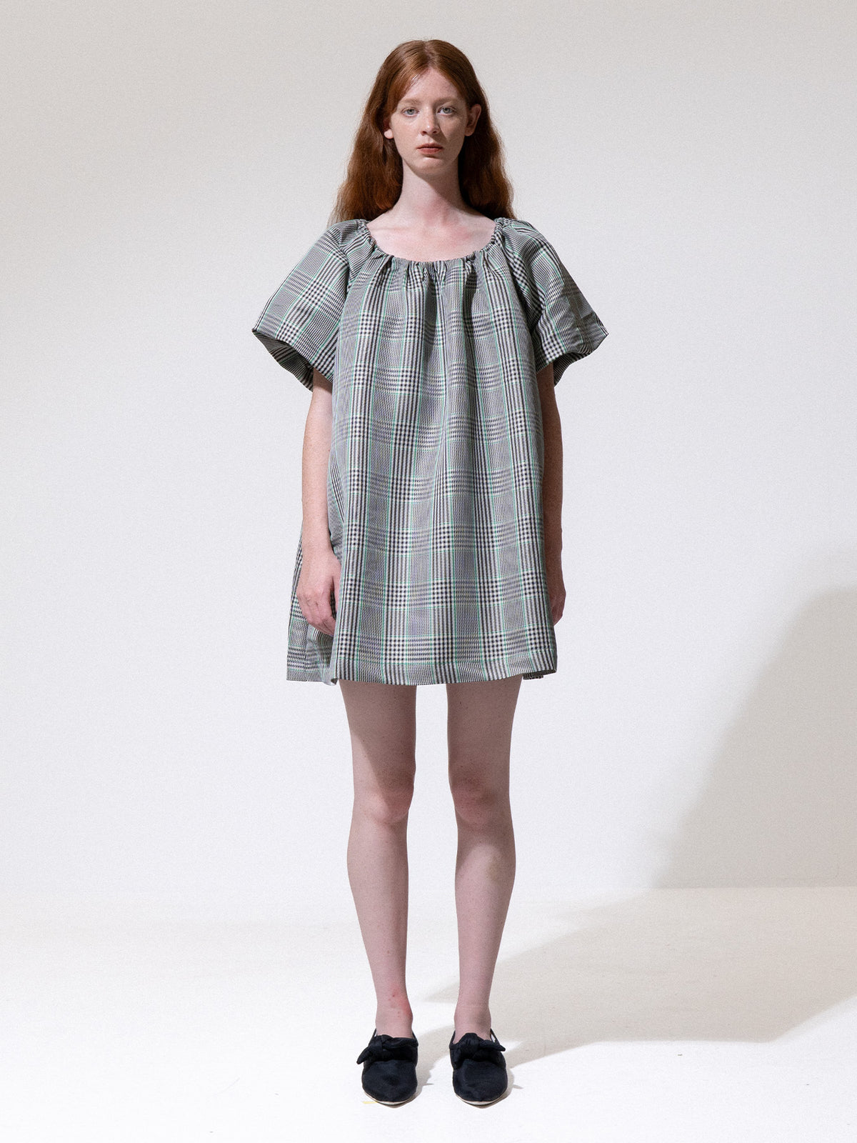 Green-Check Puff Sleeve Mini Dress