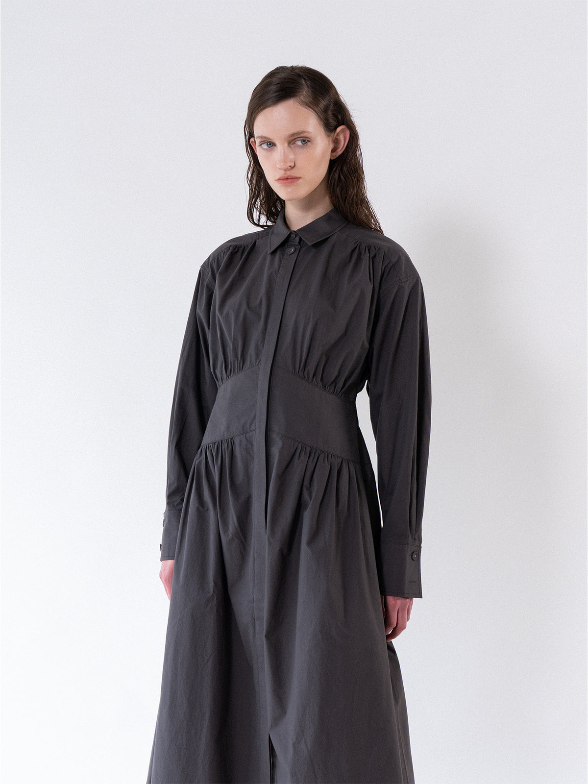 Charcoal Cinched Waist Cotton Dress