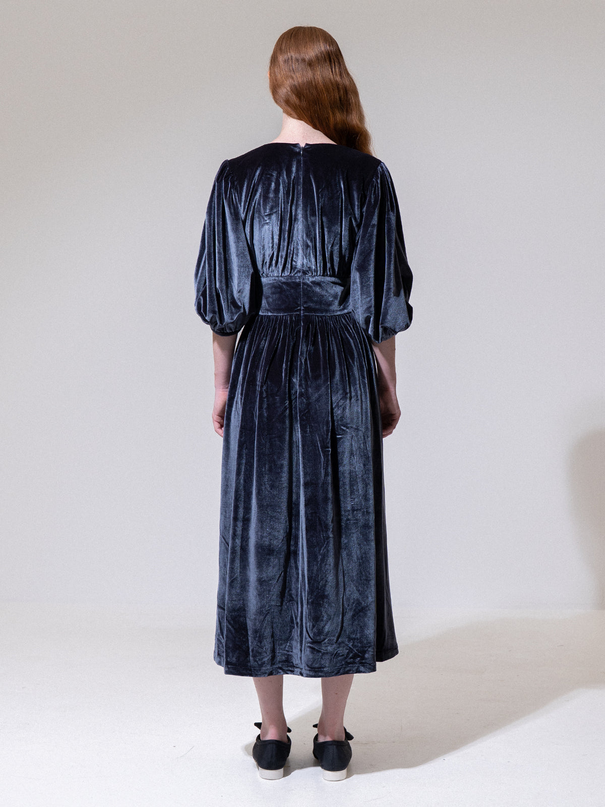 Charcoal Velvet V-Neck Cropped Sleeve Dress