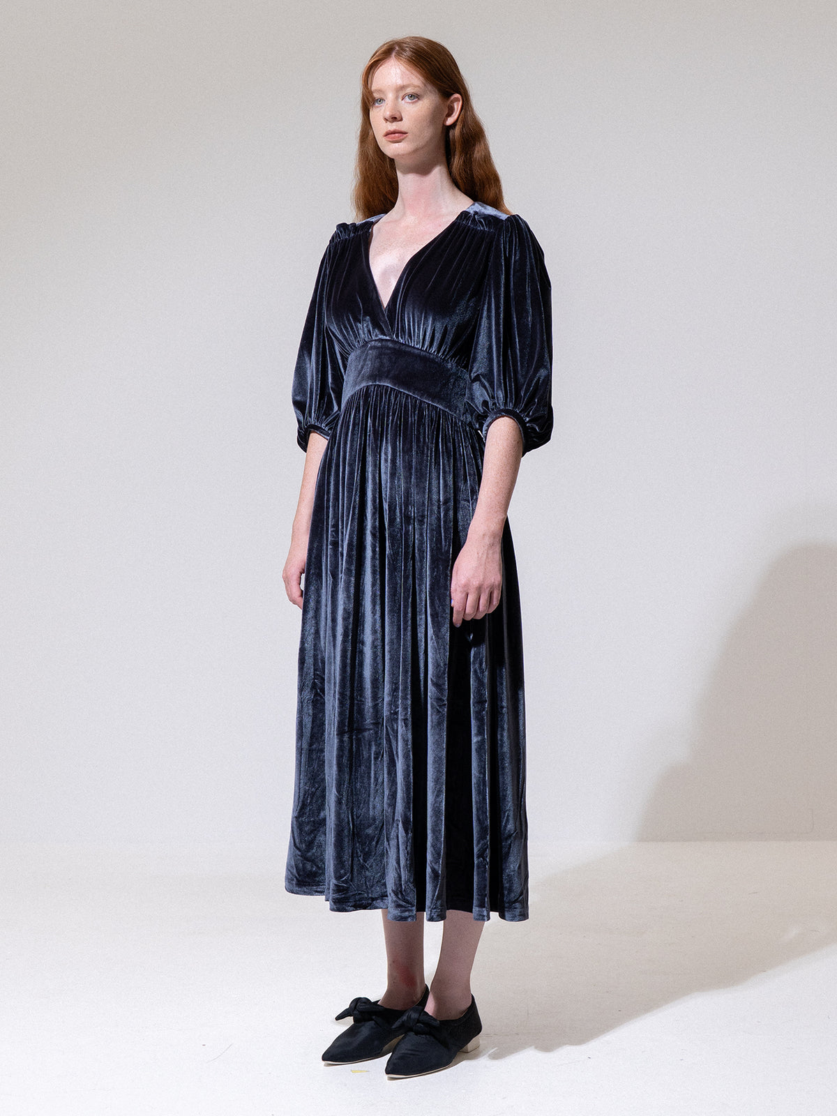 Charcoal Velvet V-Neck Cropped Sleeve Dress