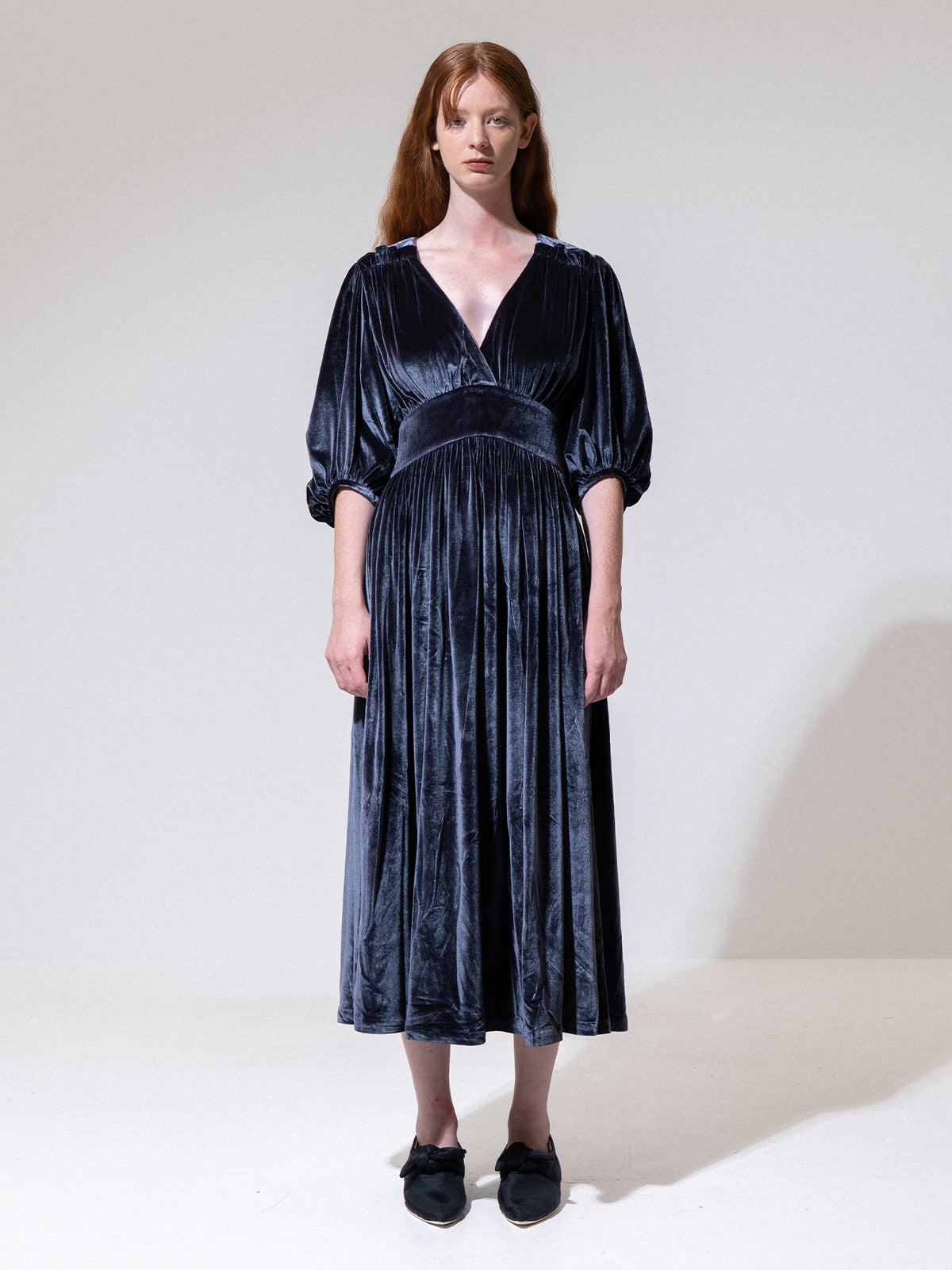 Charcoal Velvet V-Neck Cropped Sleeve Dress