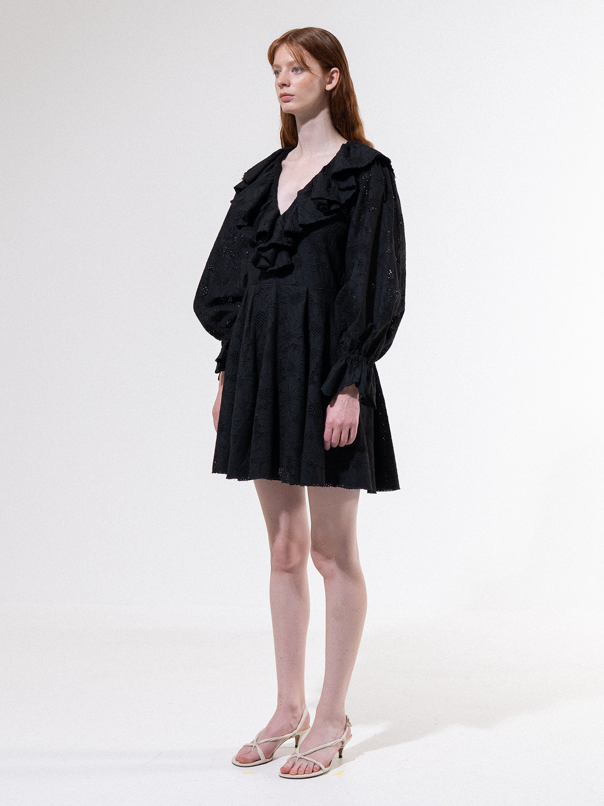 Black-Lace Ruffle Collar Mini Dress