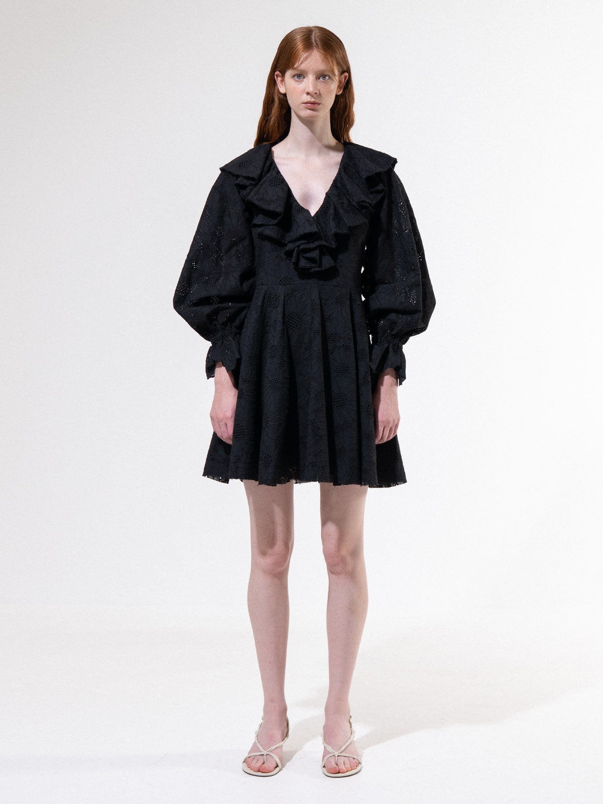 Black-Lace Ruffle Collar Mini Dress