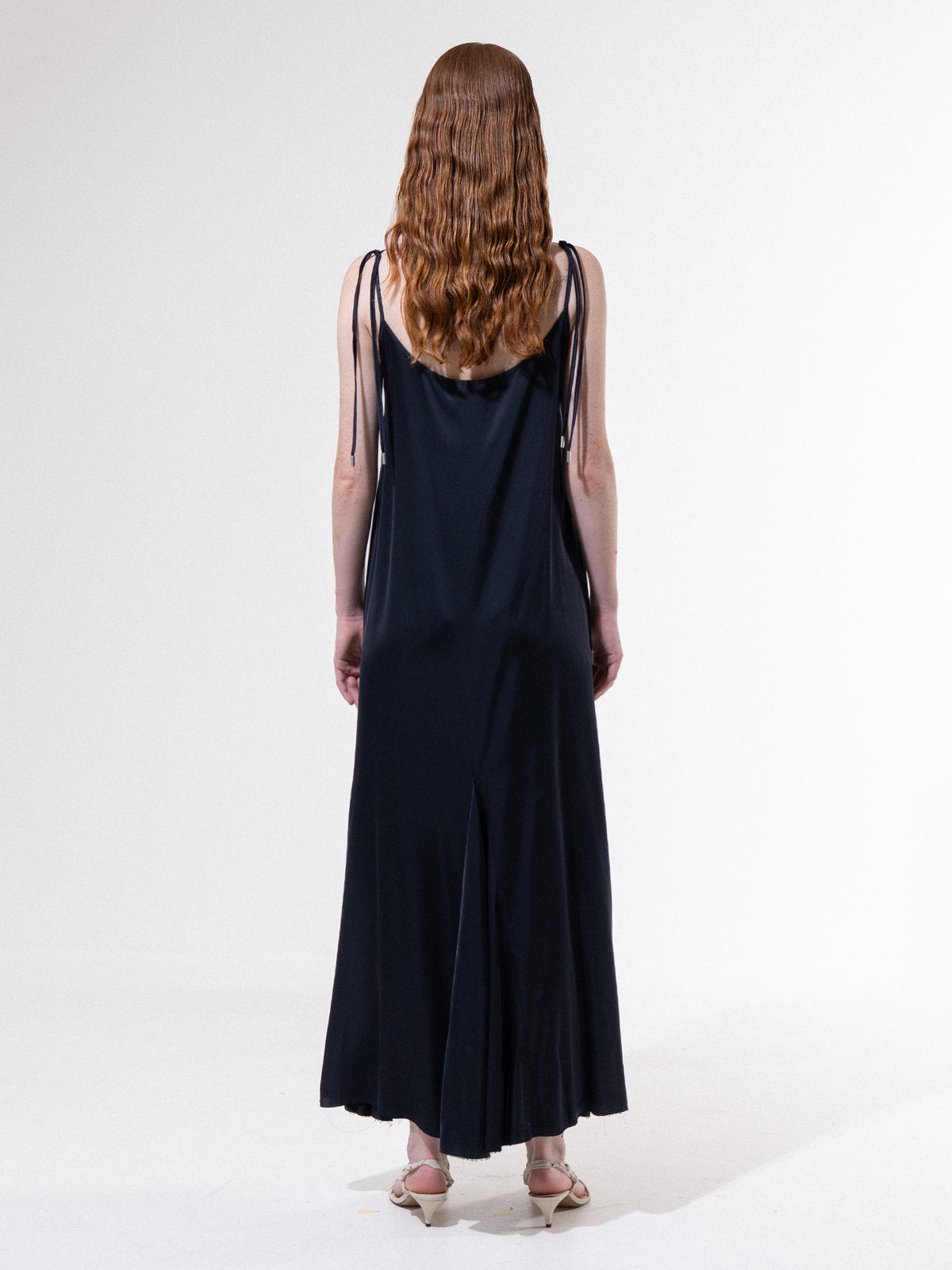 Navy Satin Sleeveless Long Dress