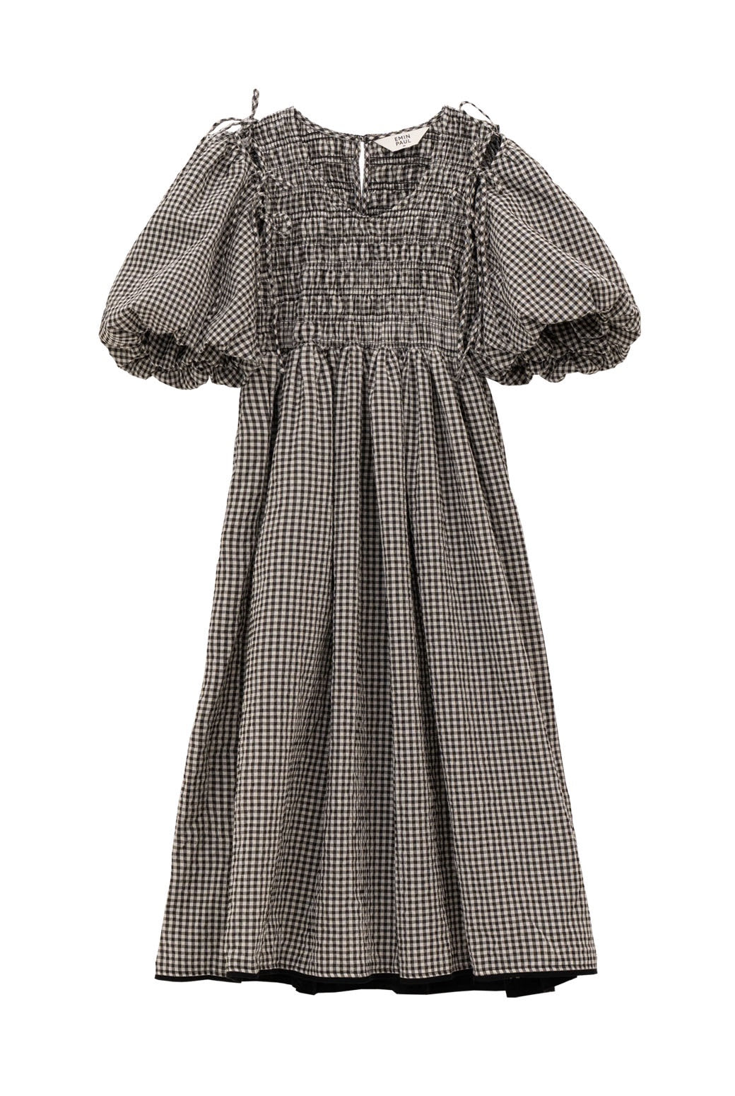 Black Check Puff Sleeve Tie Dress