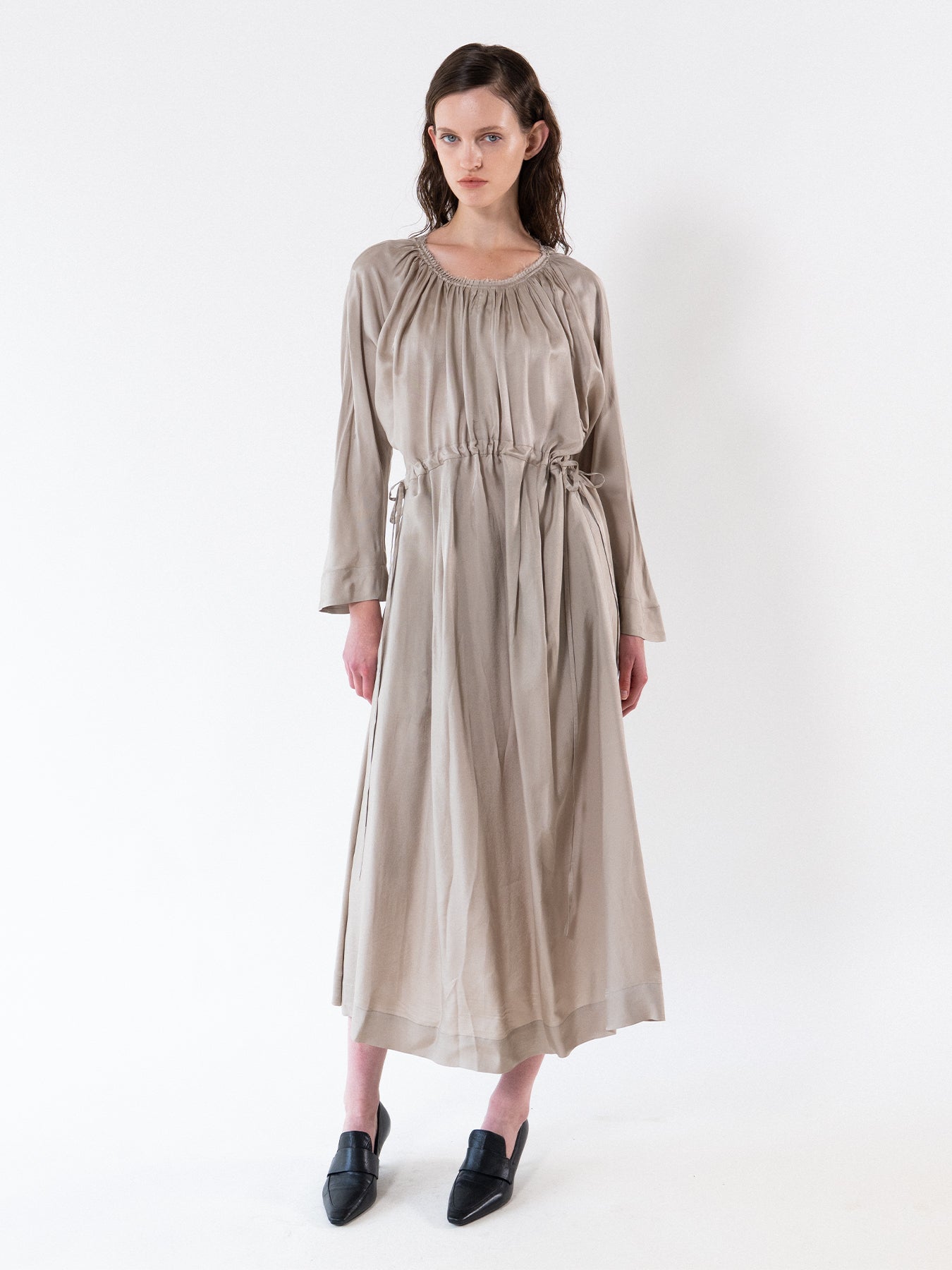 Beige Gathered Neckline Maxi Dress