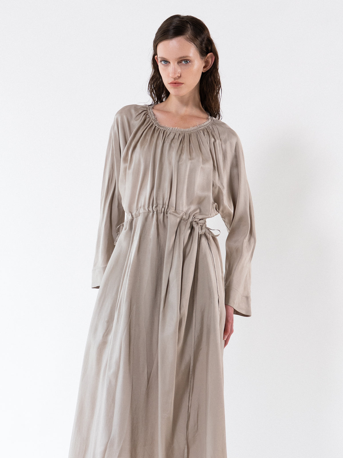 Beige Gathered Neckline Maxi Dress