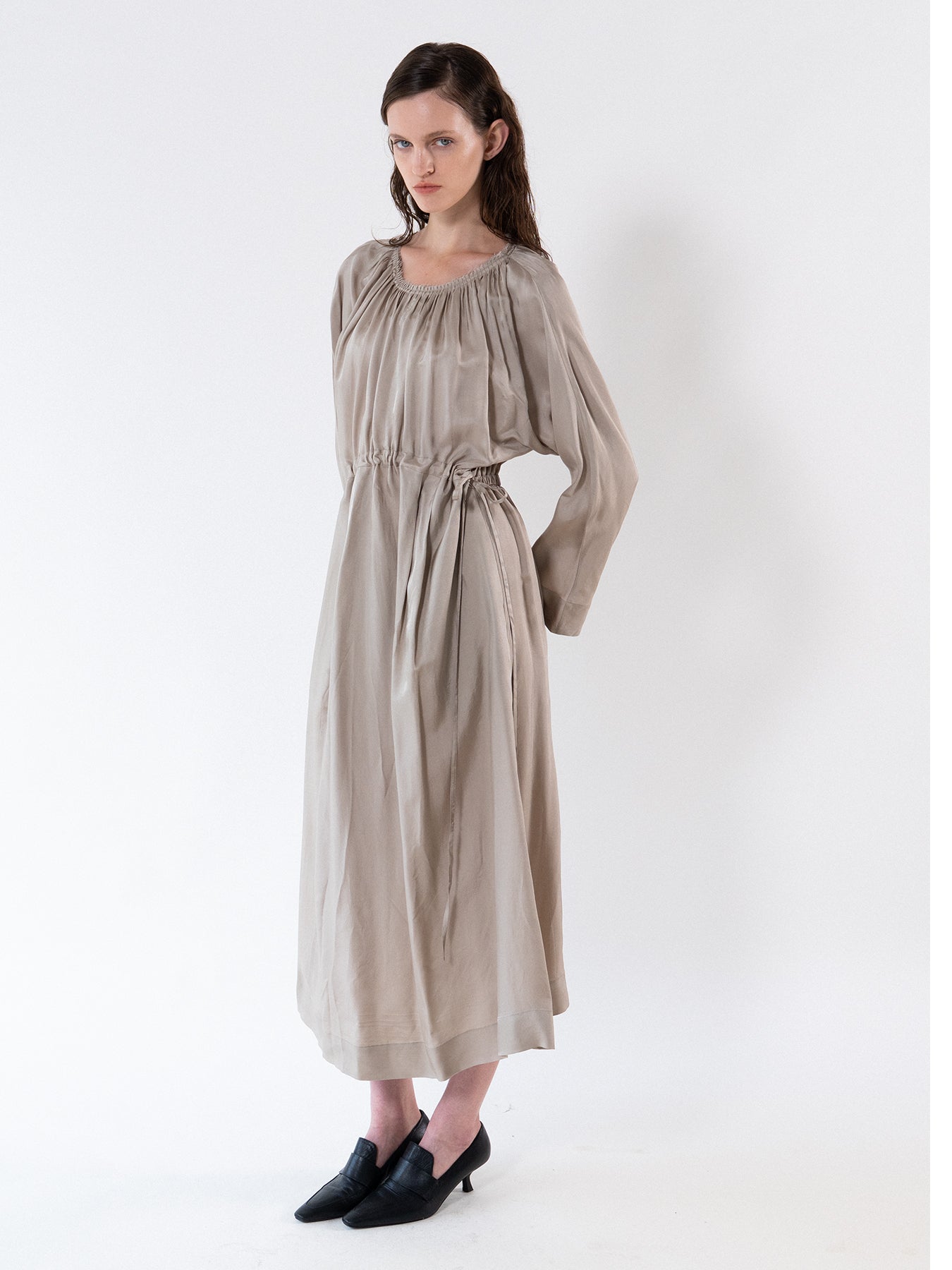 Beige Gathered Neckline Maxi Dress