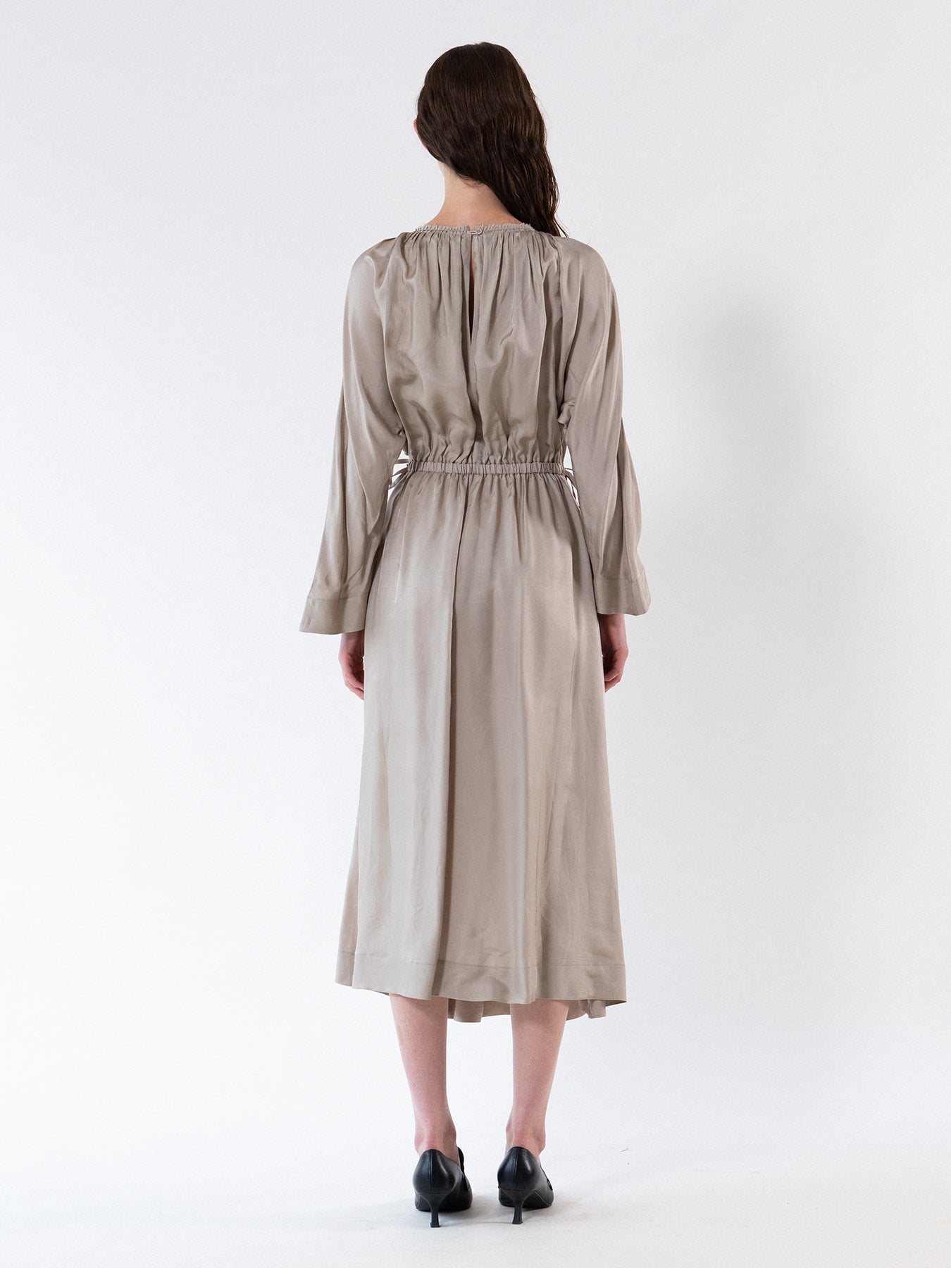 Beige Gathered Neckline Maxi Dress