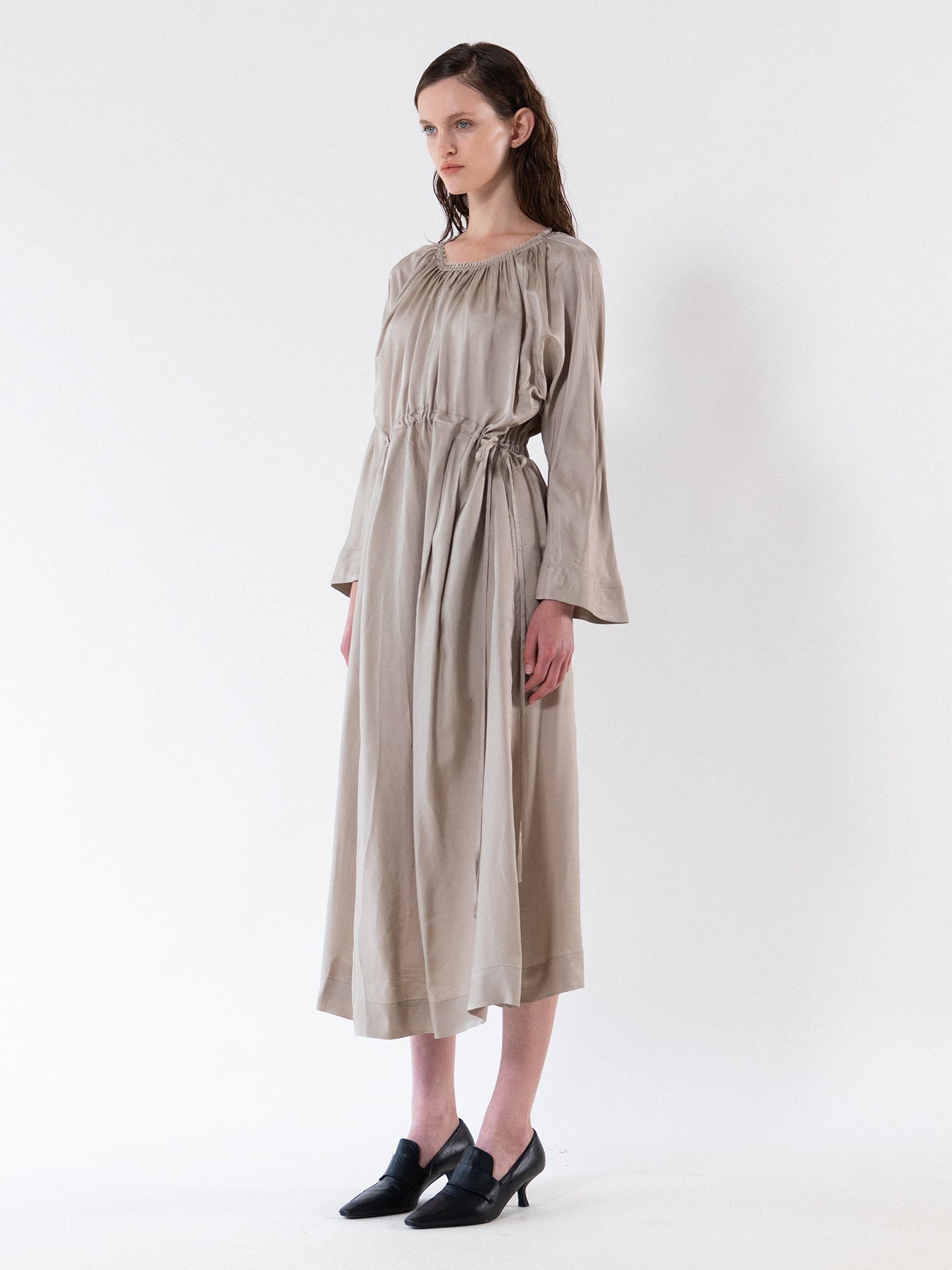 Beige Gathered Neckline Maxi Dress