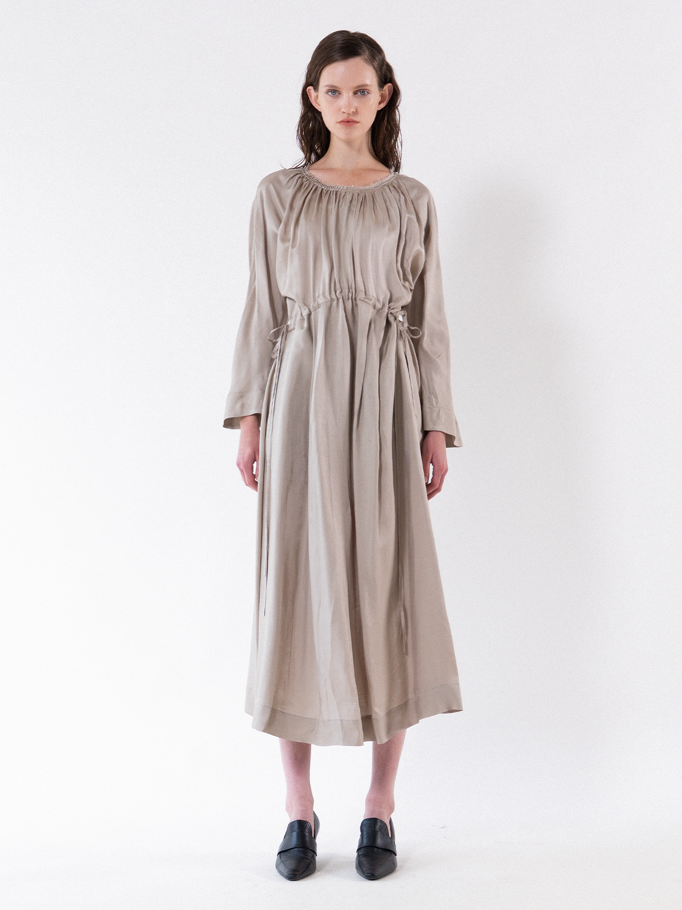 Beige Gathered Neckline Maxi Dress