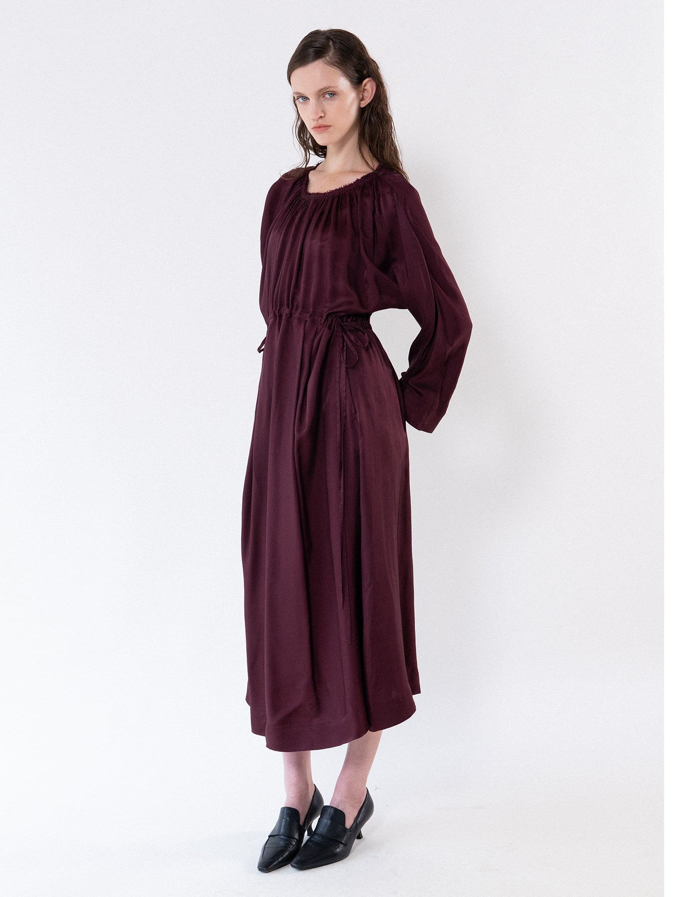 Burgundy Gathered Neckline Maxi Dress