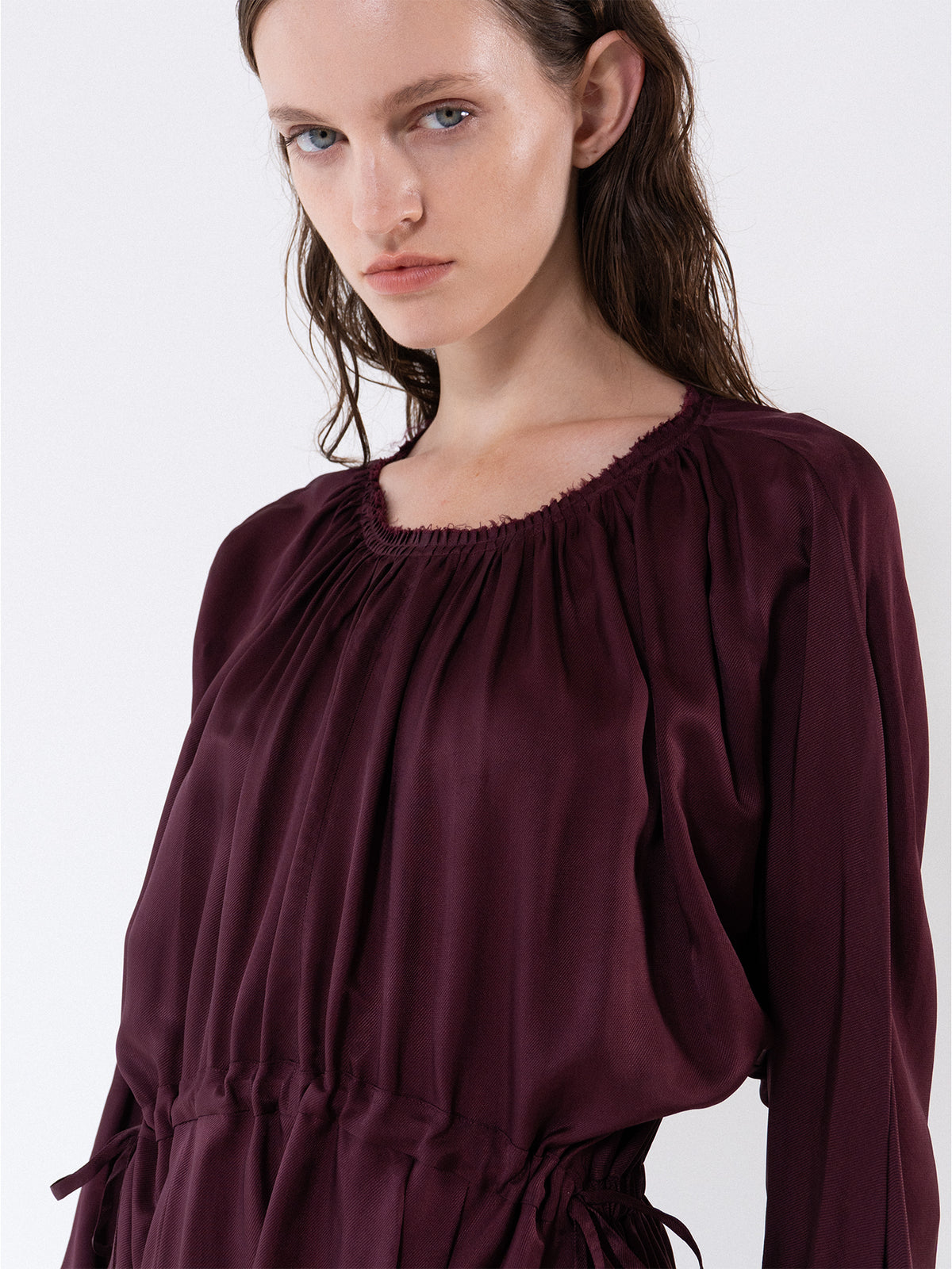 Burgundy Gathered Neckline Maxi Dress