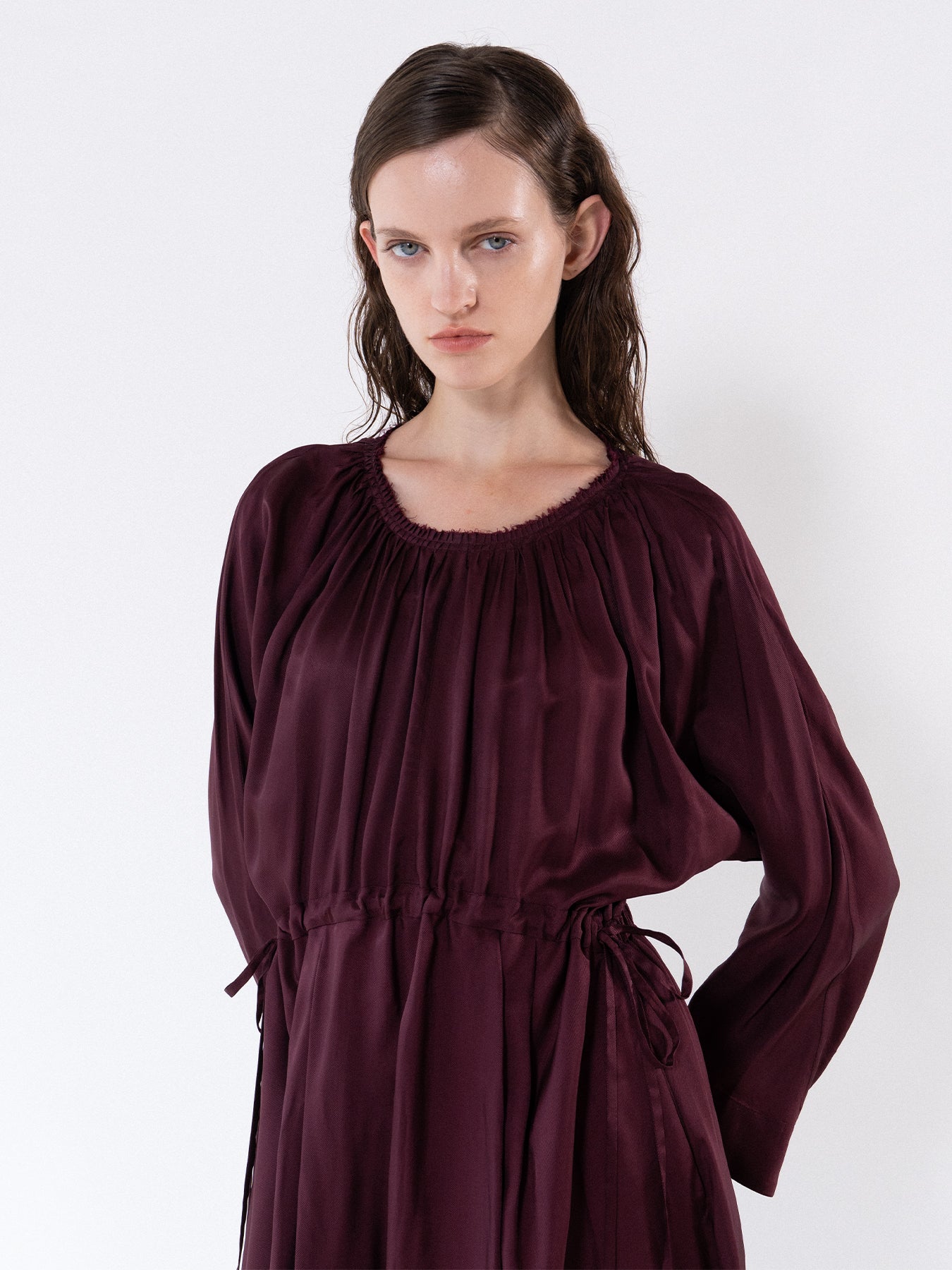 Burgundy Gathered Neckline Maxi Dress