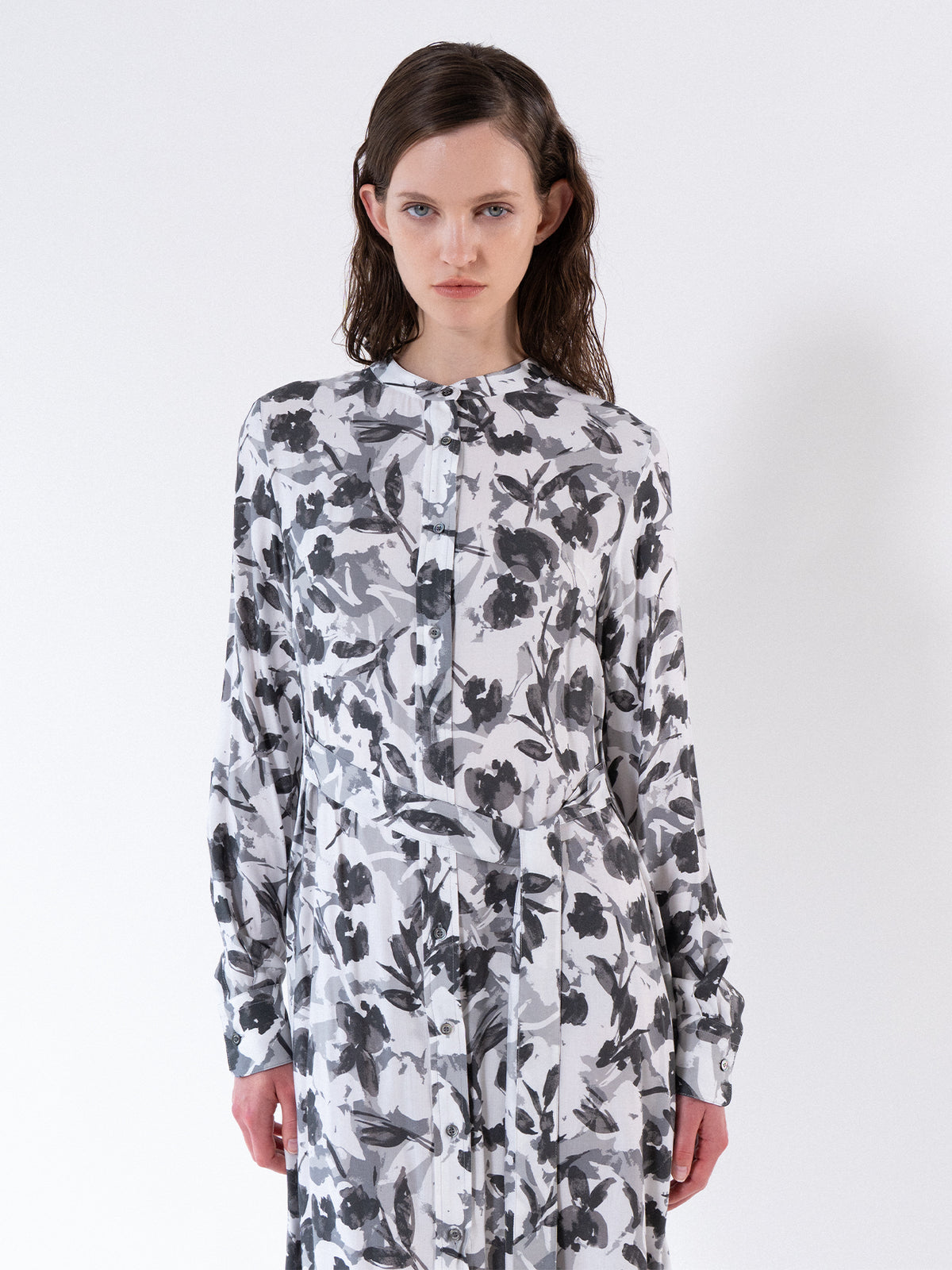 Grey Floral Tie-Waist Shirt Dress