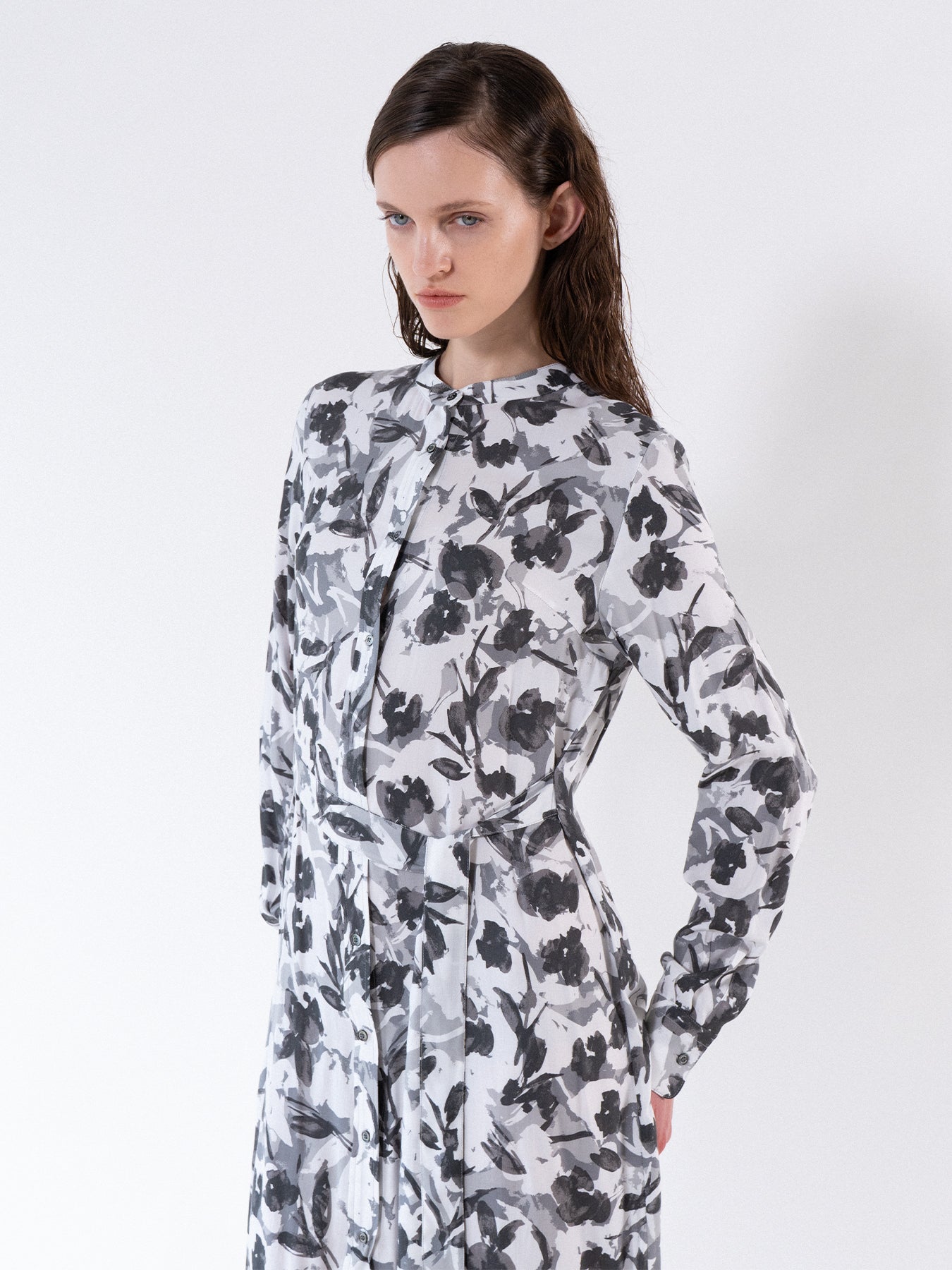 Grey Floral Tie-Waist Shirt Dress
