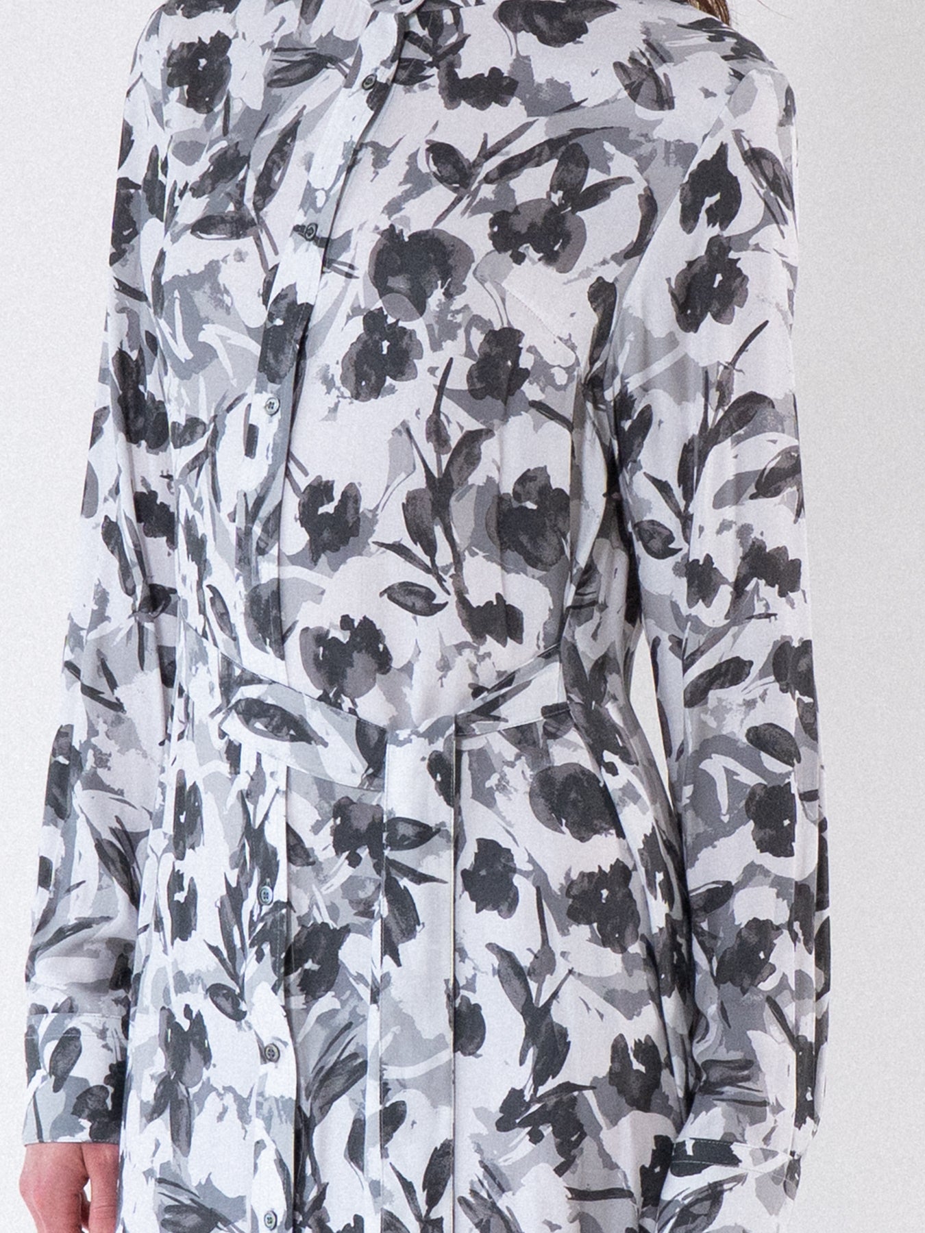Grey Floral Tie-Waist Shirt Dress