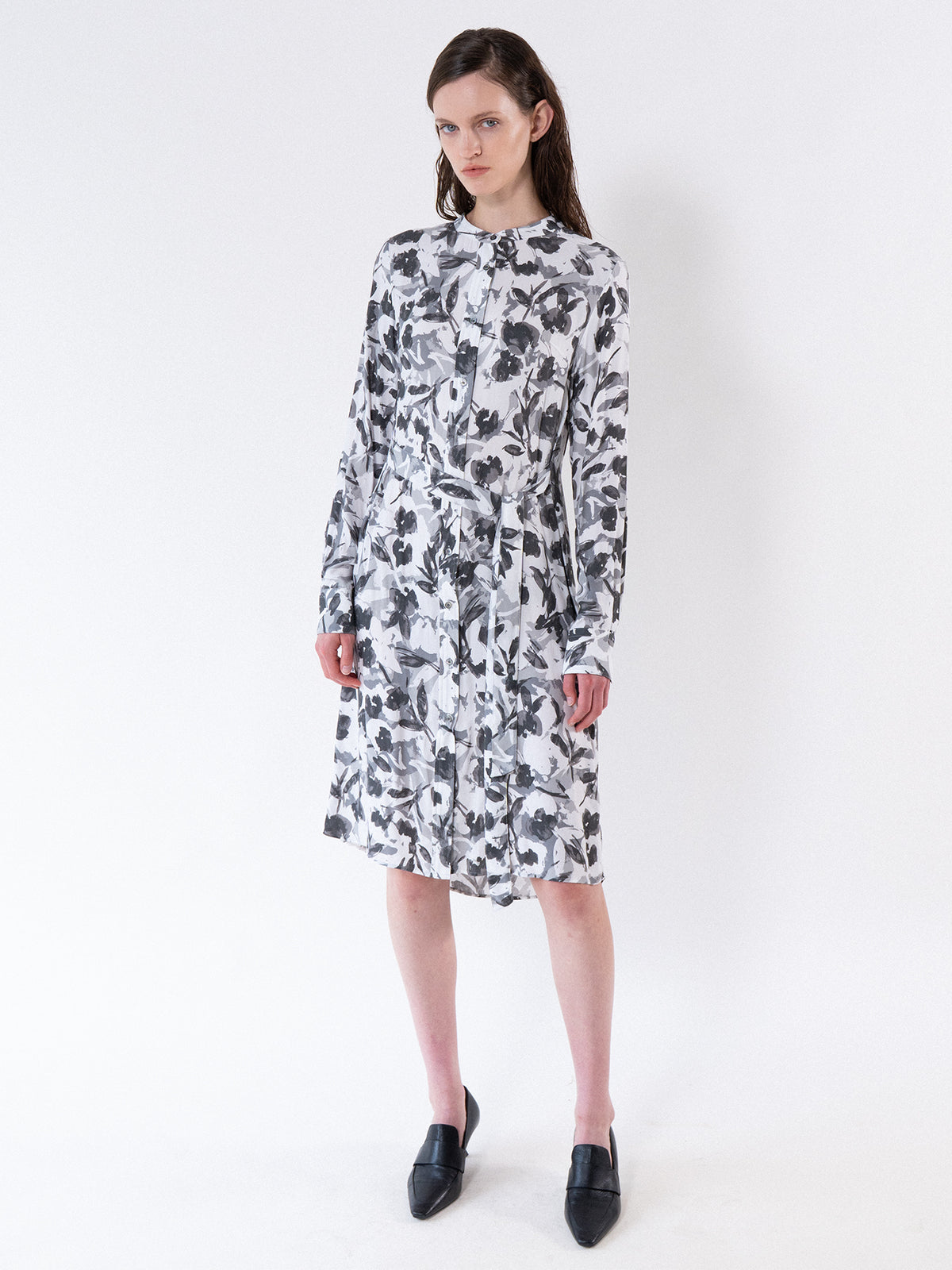 Grey Floral Tie-Waist Shirt Dress