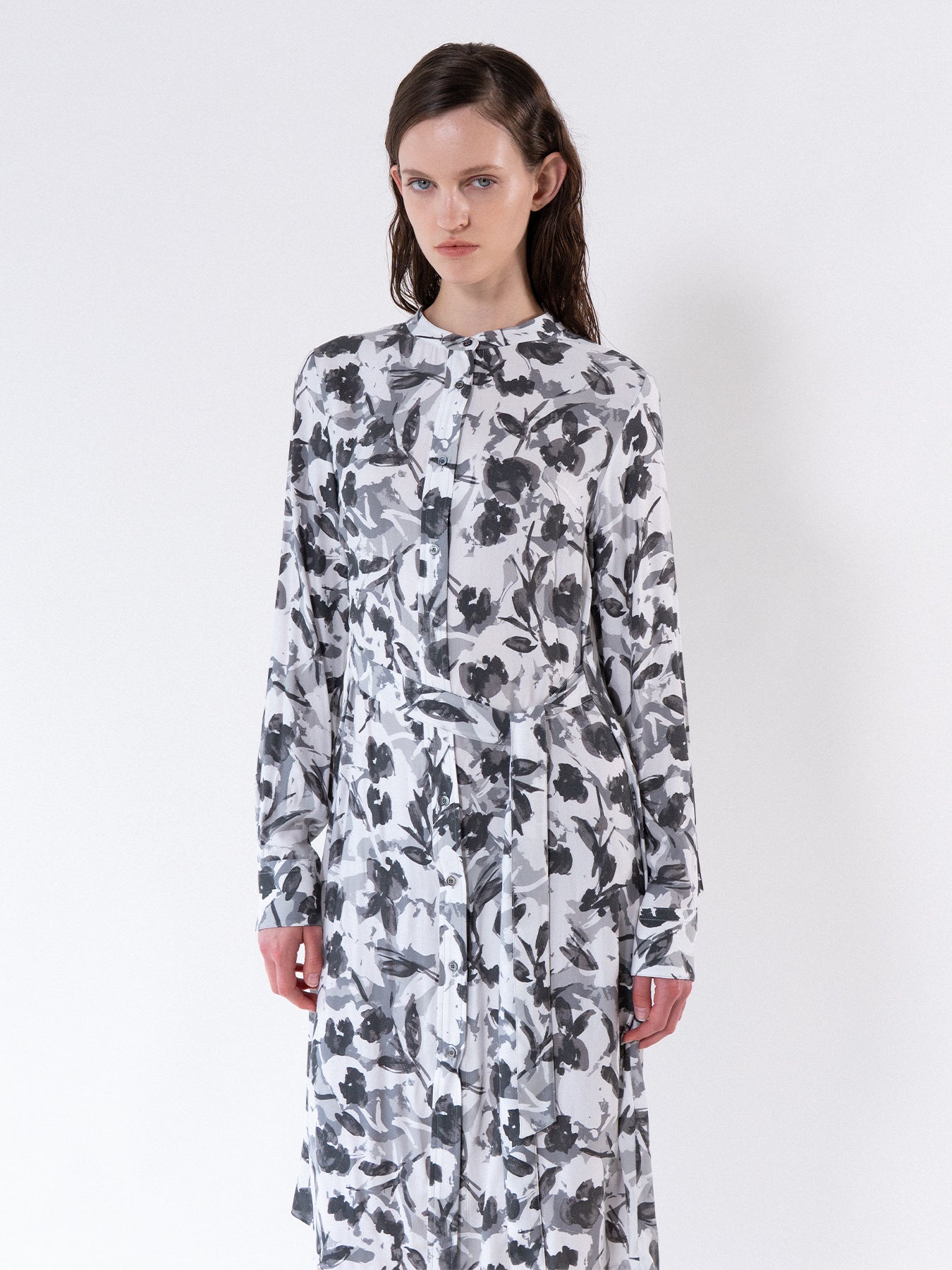 Grey Floral Tie-Waist Shirt Dress