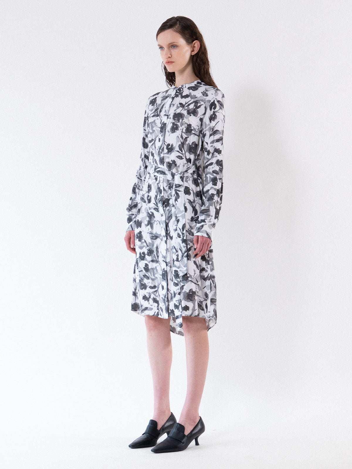 Grey Floral Tie-Waist Shirt Dress
