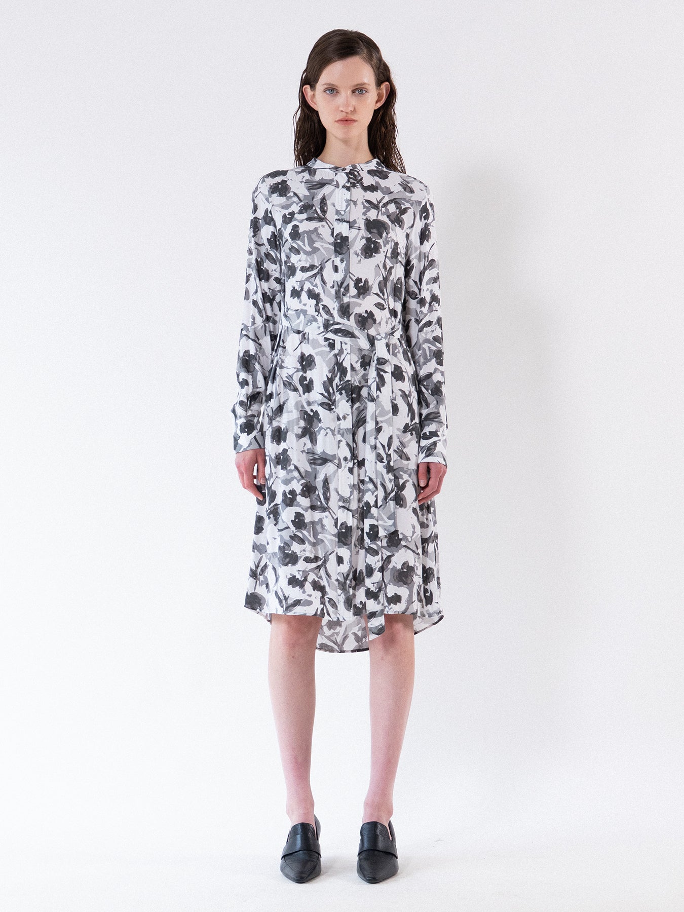 Grey Floral Tie-Waist Shirt Dress