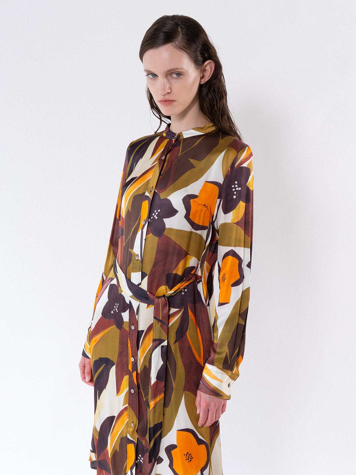 Olive Burgundy Tie-Waist Shirt Dress