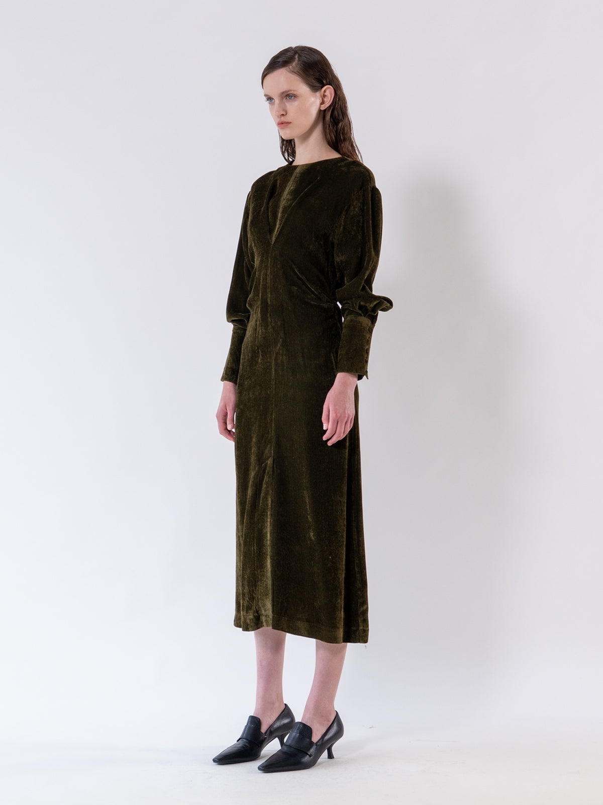 Khaki Gathered Front Corduroy Dress
