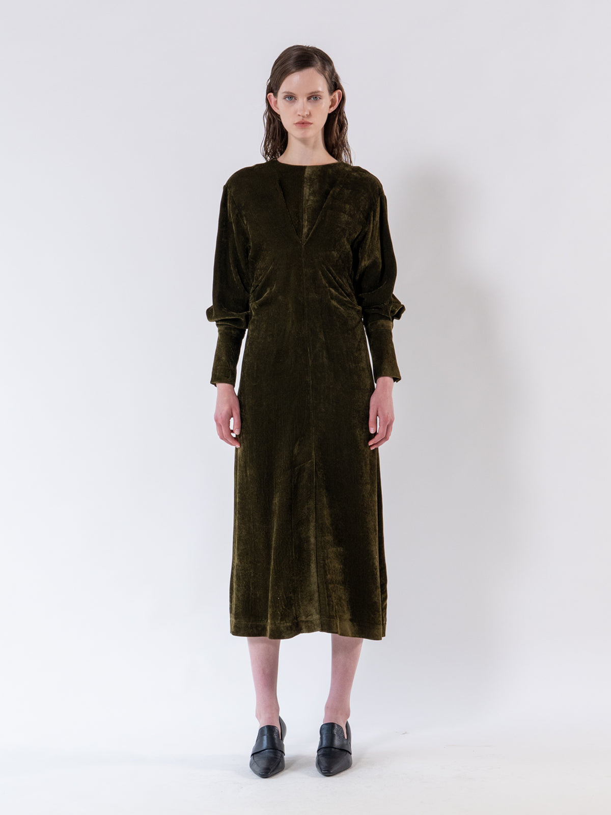 Khaki Gathered Front Corduroy Dress