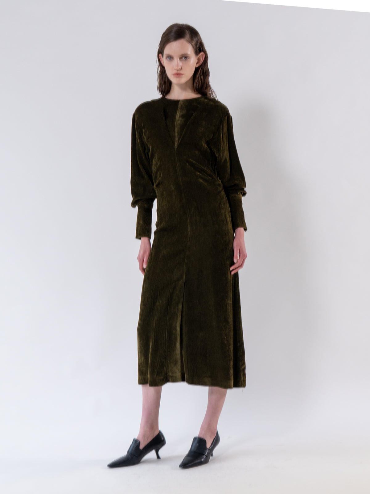 Khaki Gathered Front Corduroy Dress