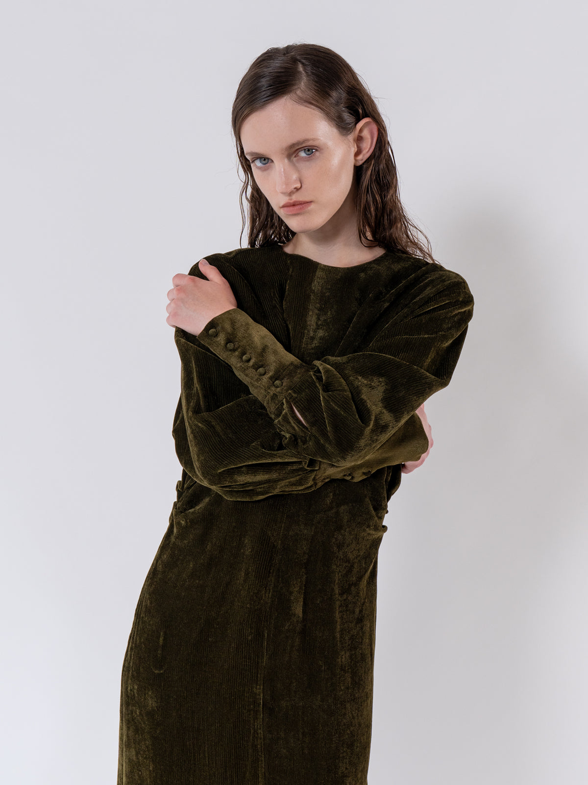Khaki Gathered Front Corduroy Dress