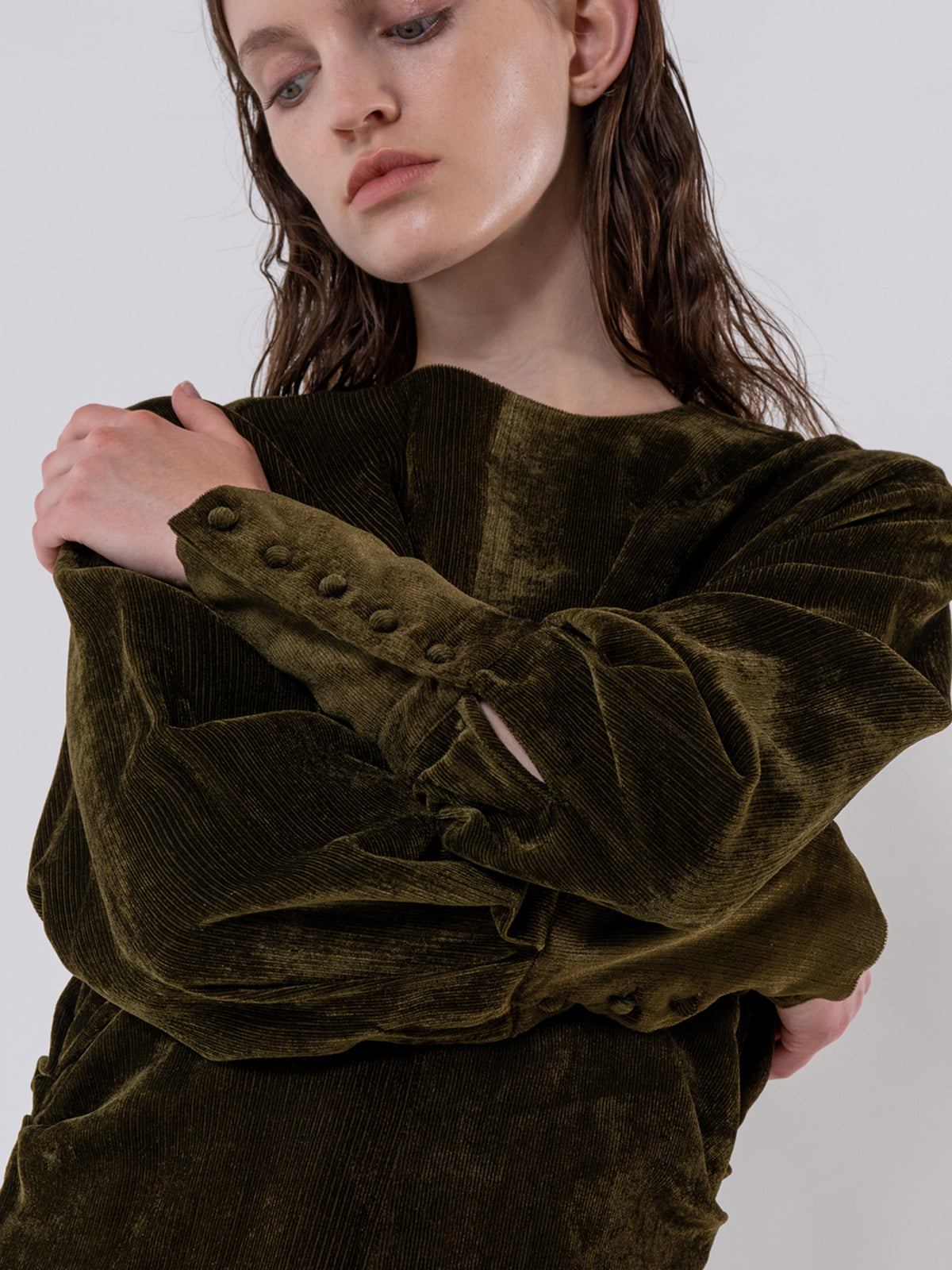 Khaki Gathered Front Corduroy Dress