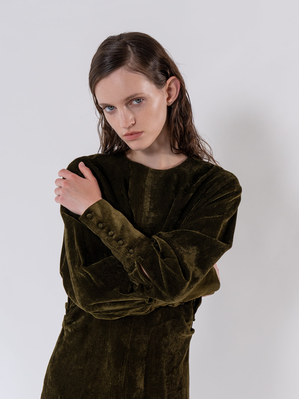 Khaki Gathered Front Corduroy Dress