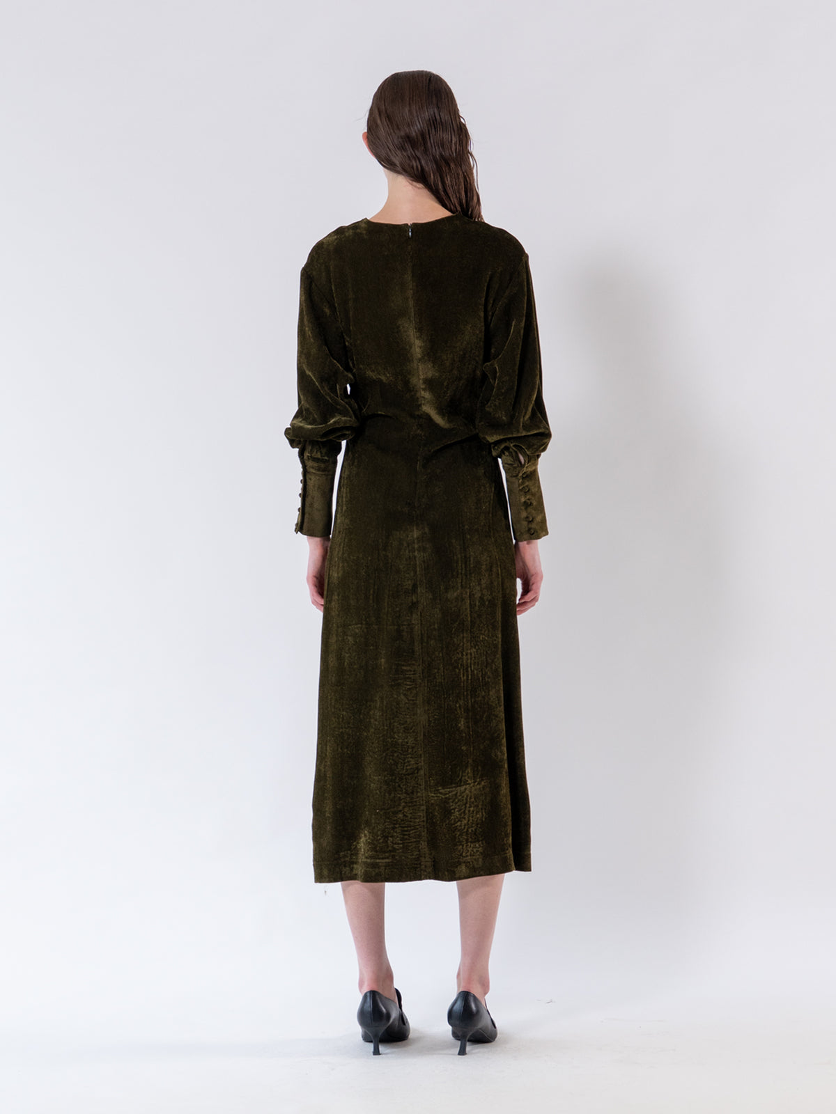 Khaki Gathered Front Corduroy Dress