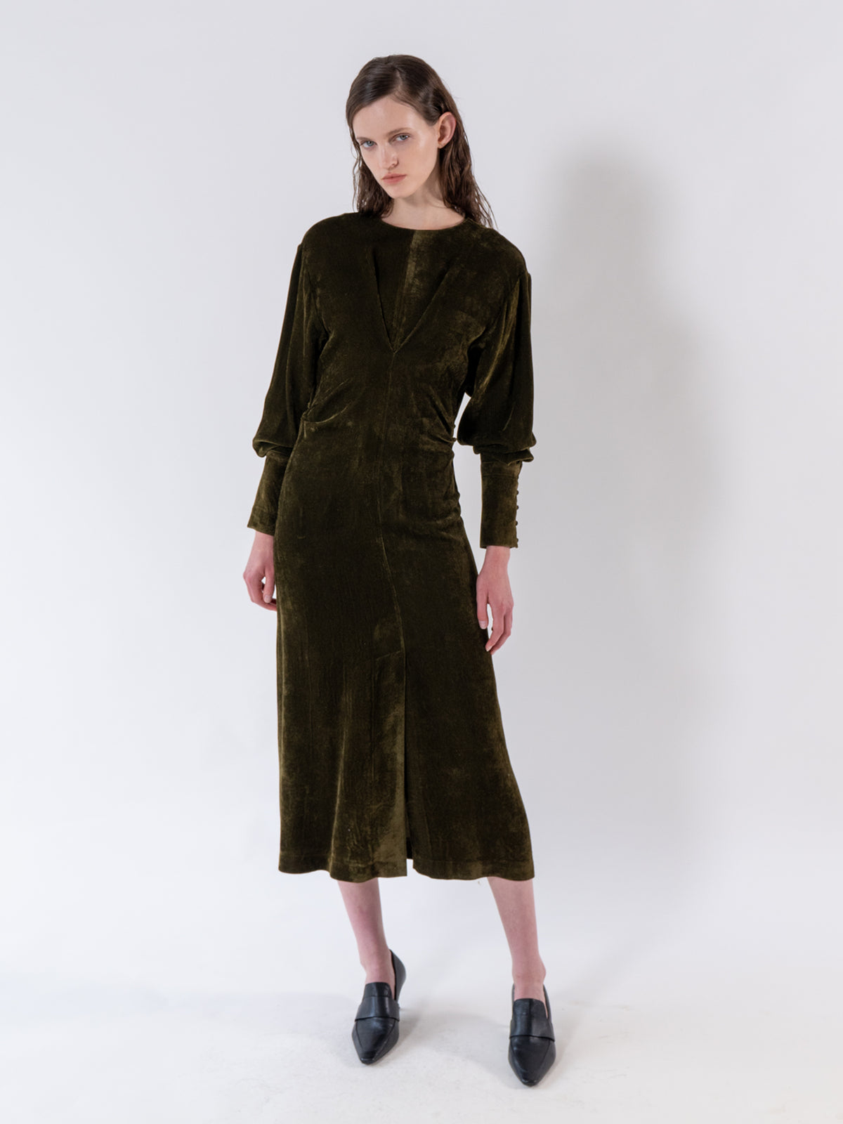 Khaki Gathered Front Corduroy Dress