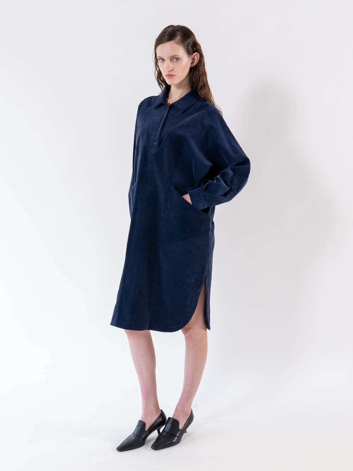 Navy Corduroy Relax Shirt Dress