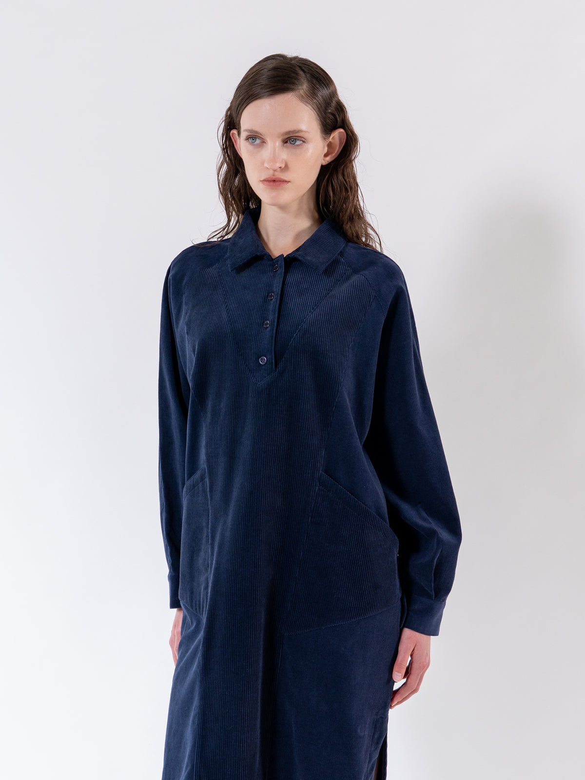 Navy Corduroy Relax Shirt Dress