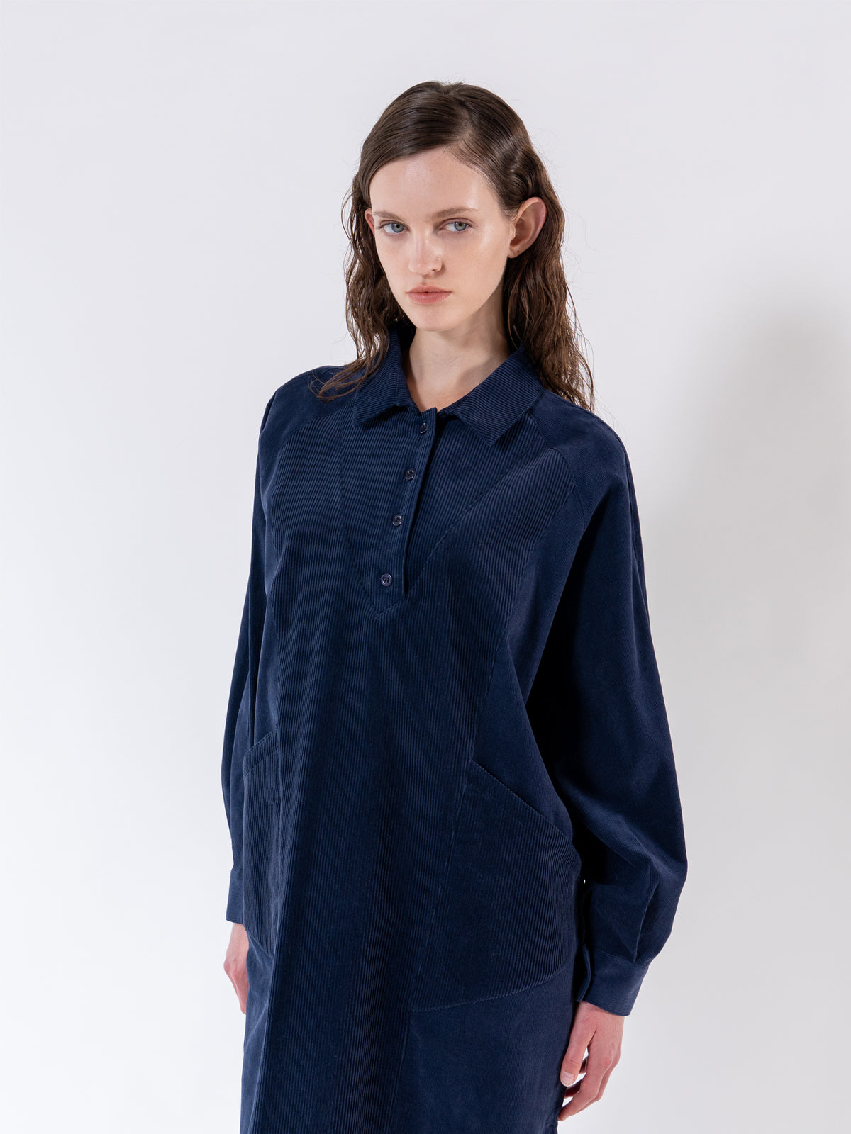 Navy Corduroy Relax Shirt Dress
