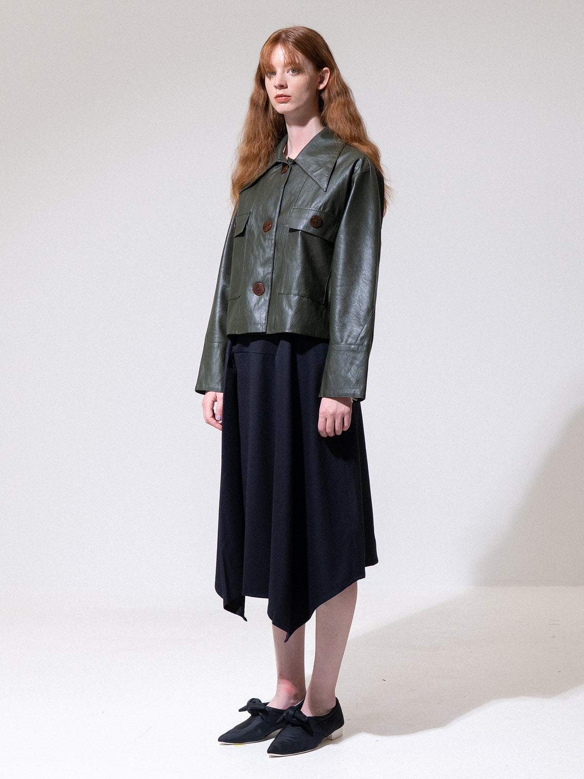 Khaki High-Low Vegan Leather Jacket