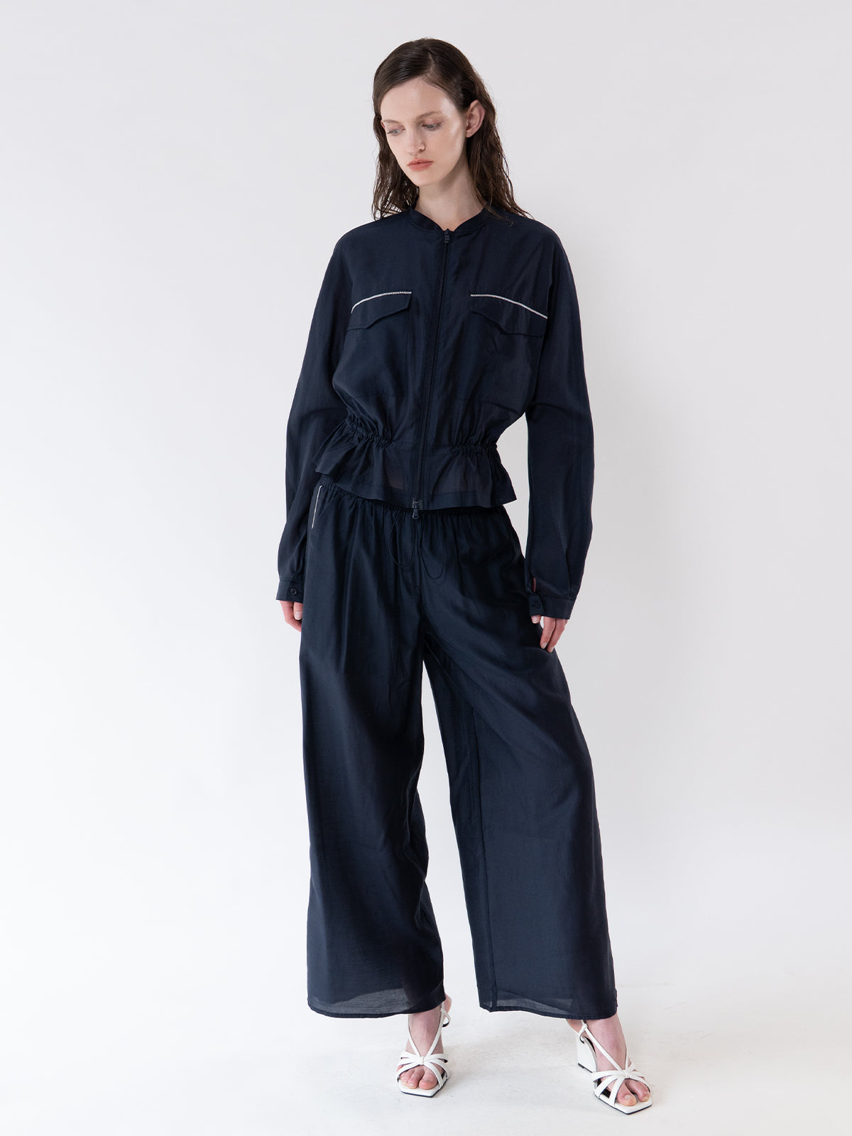 Navy Drawstring Zip-Up Jacket