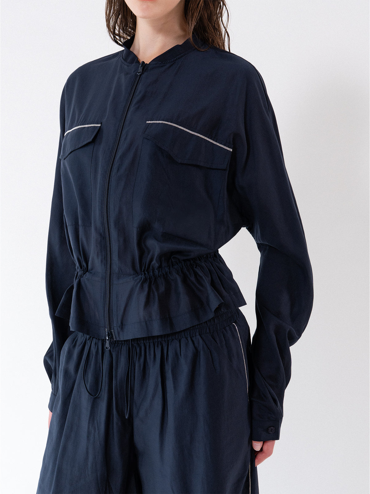 Navy Drawstring Zip-Up Jacket