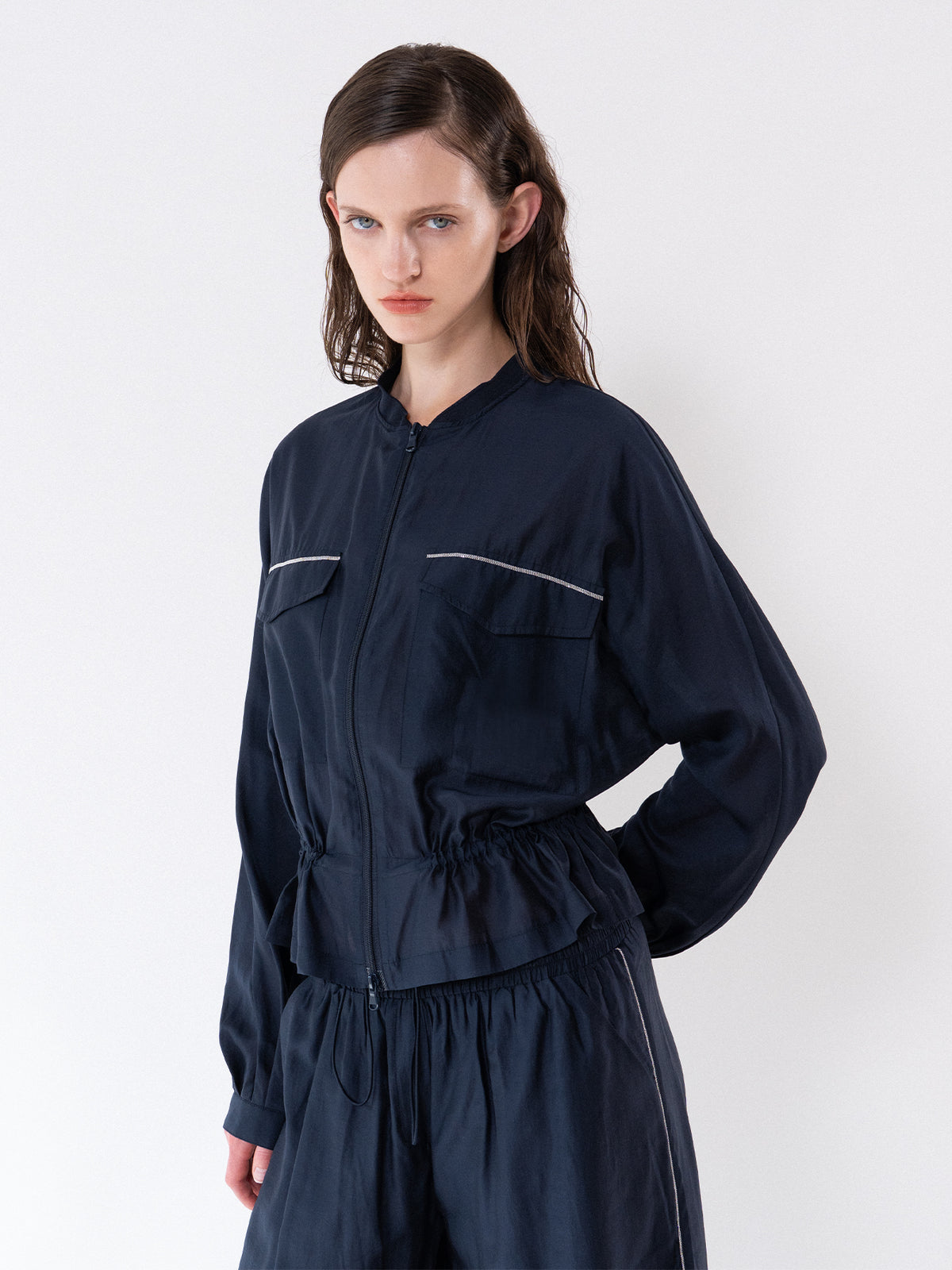 Navy Drawstring Zip-Up Jacket