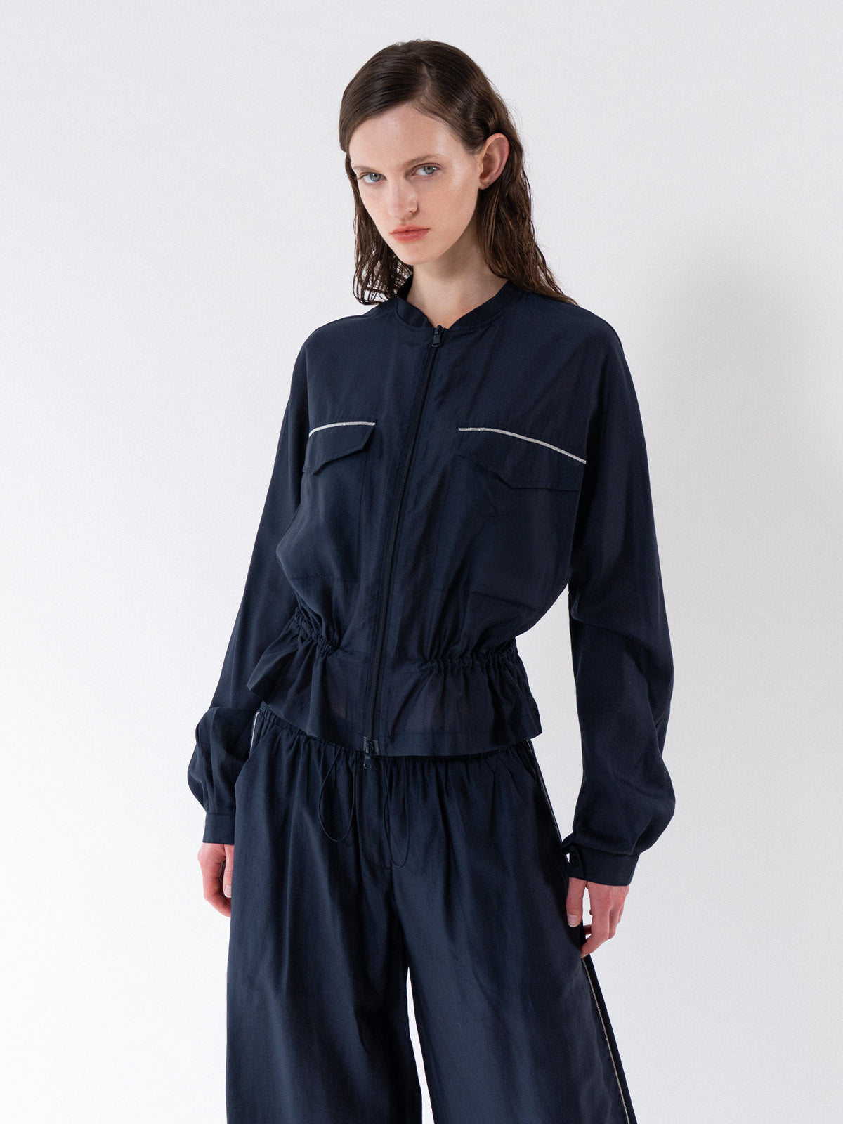 Navy Drawstring Zip-Up Jacket