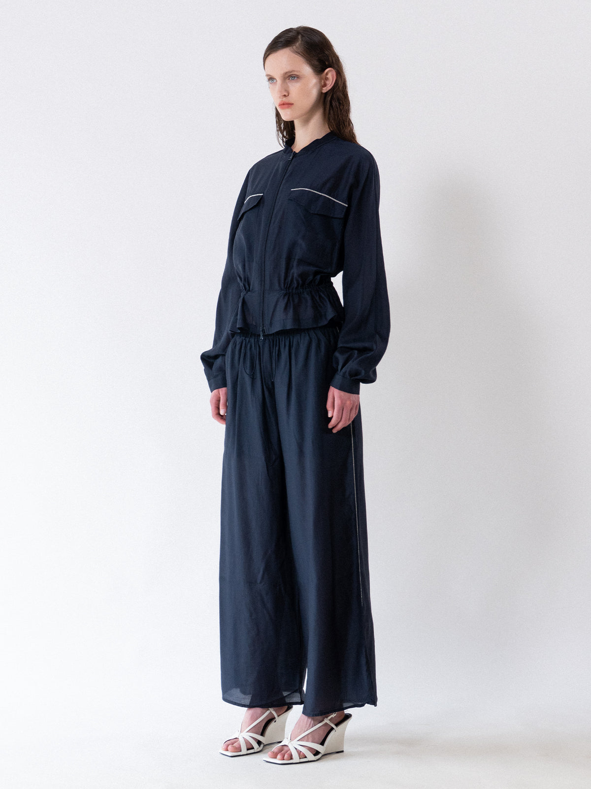 Navy Drawstring Zip-Up Jacket