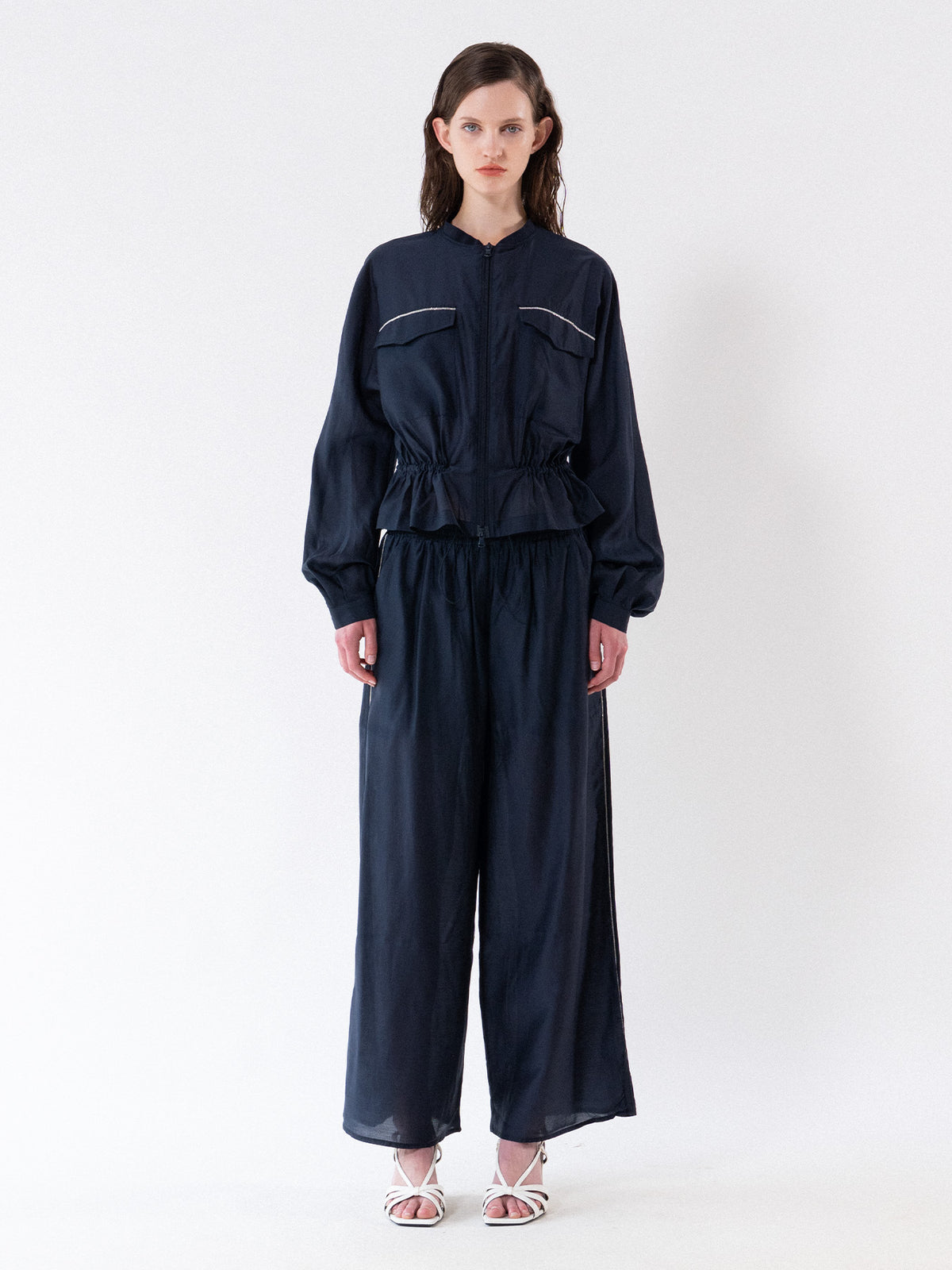 Navy Drawstring Zip-Up Jacket
