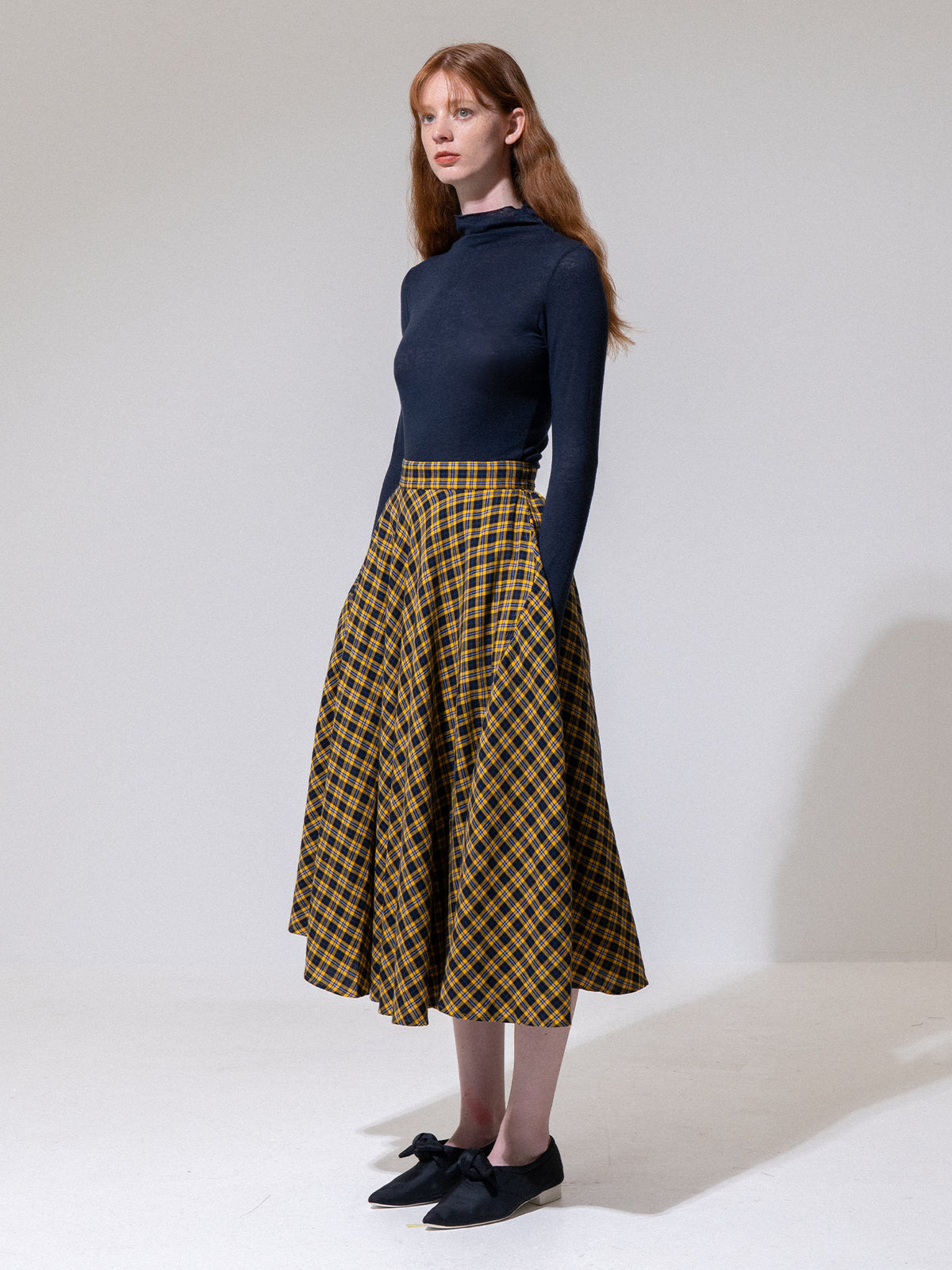 Yellow-Check A-Line Cotton Skirt