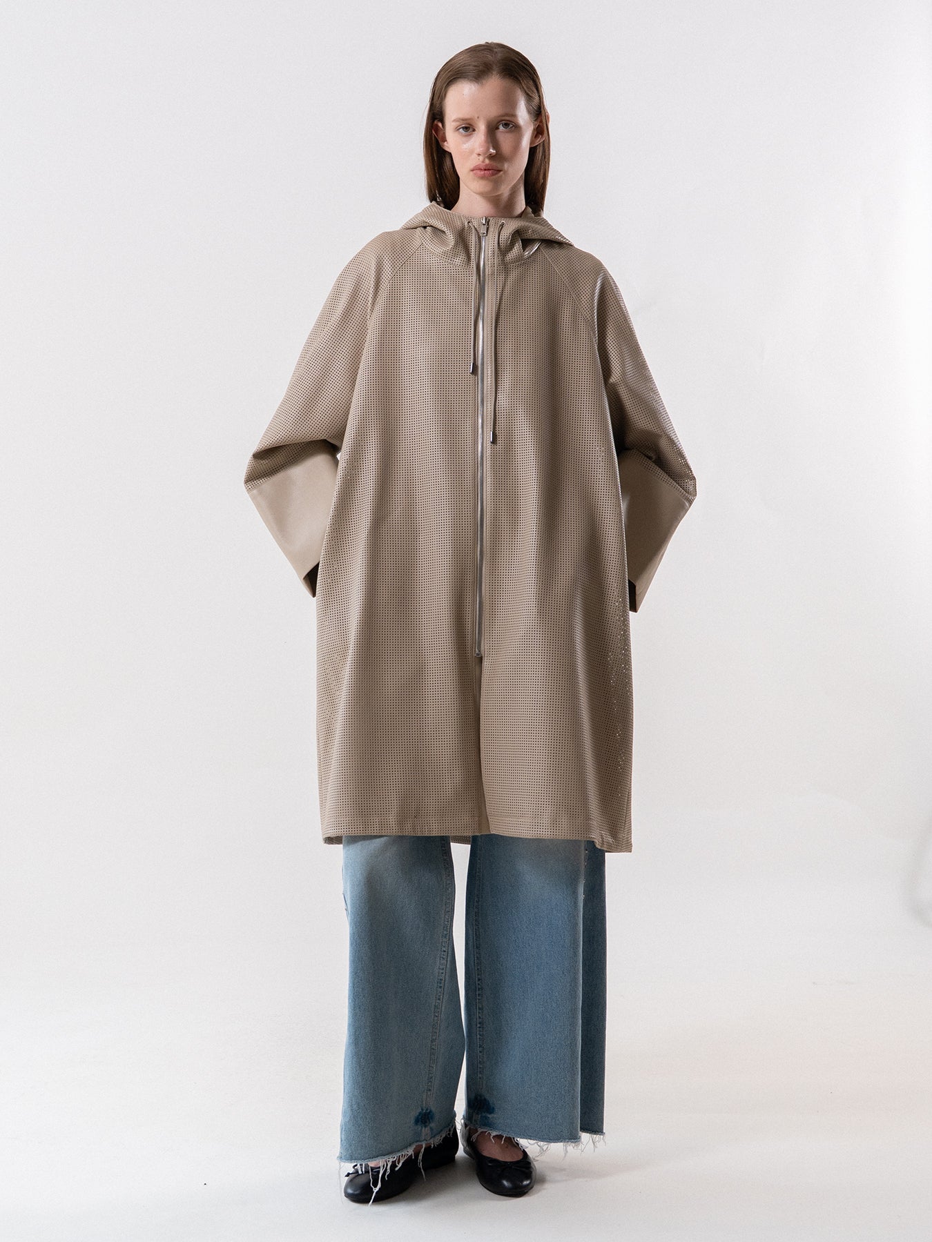 Beige Contrast Sleeve Hooded Vegan Leather Coat
