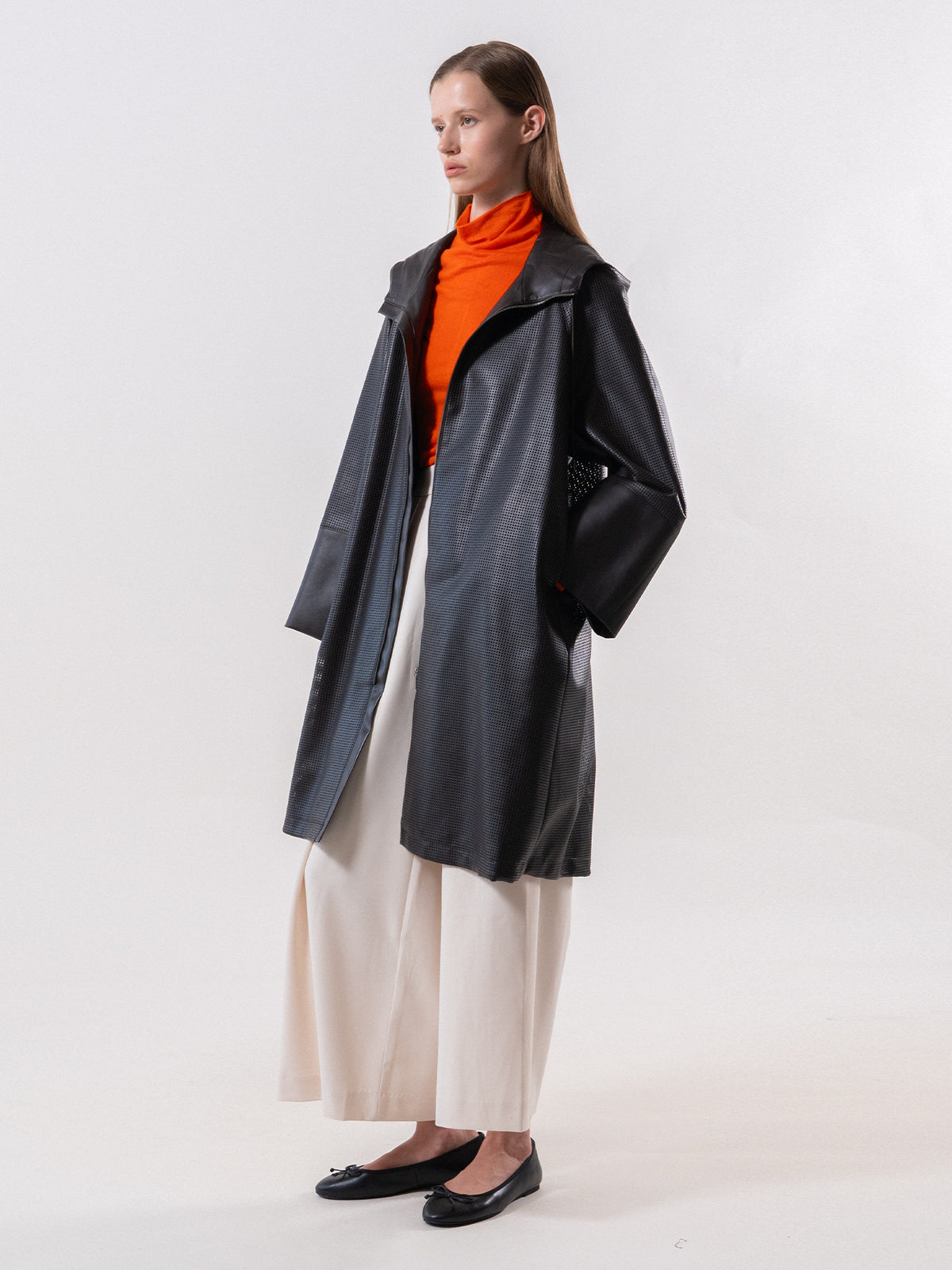Brown Contrast Sleeve Hooded Vegan Leather Coat